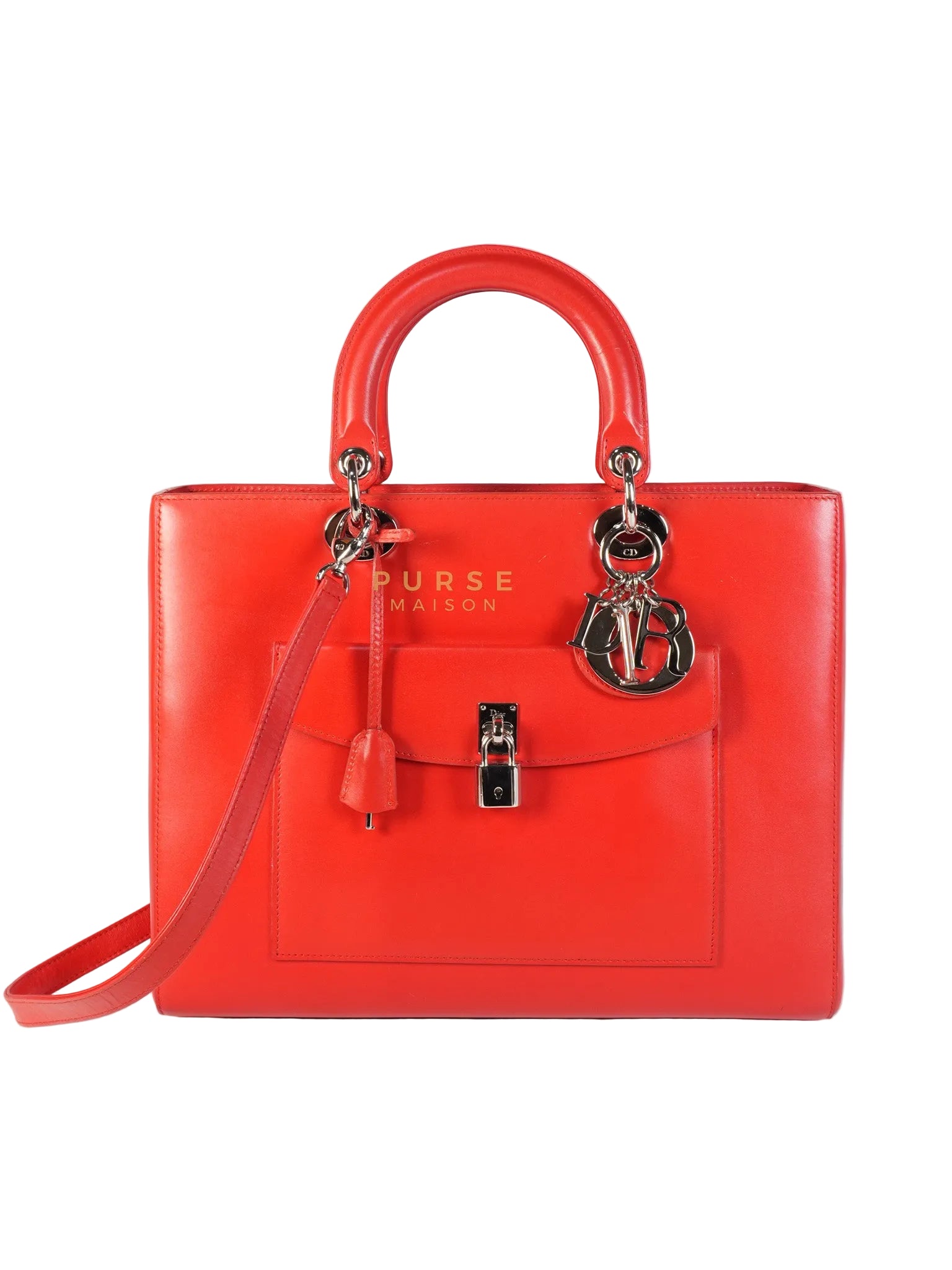 Lady Dior Front Pocket Large Tote Bag in Red Smooth Calfskin Leather & Silver Hardware | Purse Maison Luxury Bags Shop