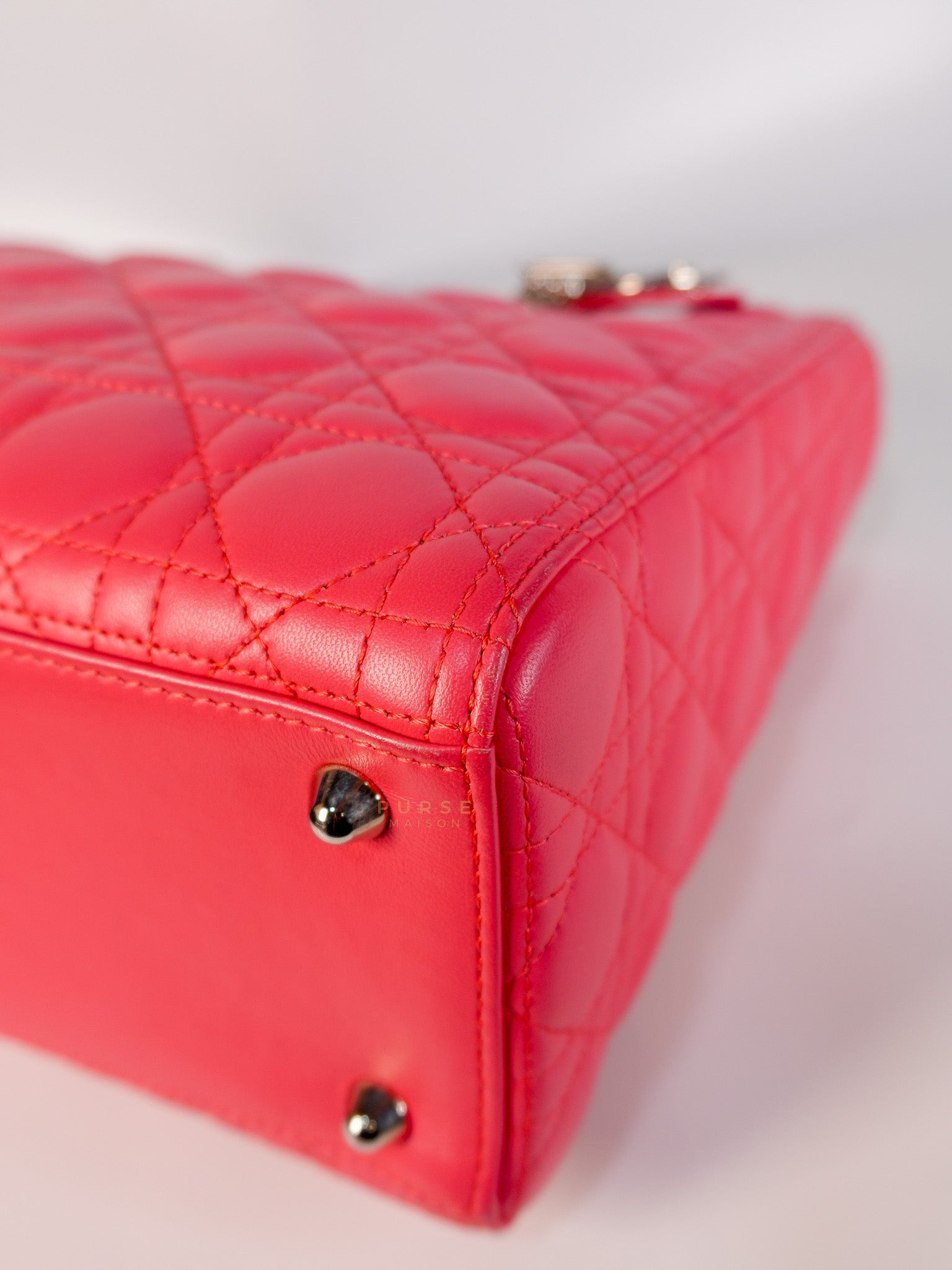 Lady Dior Large Coral Pink Cannage Lambskin Leather in Silver Hardware | Purse Maison Luxury Bags Shop