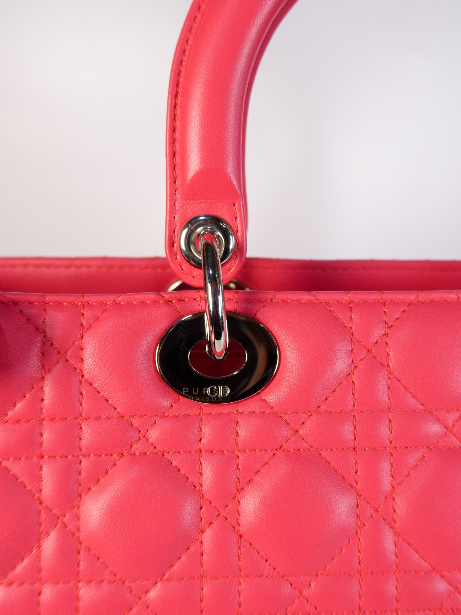 Lady Dior Large Coral Pink Cannage Lambskin Leather in Silver Hardware | Purse Maison Luxury Bags Shop