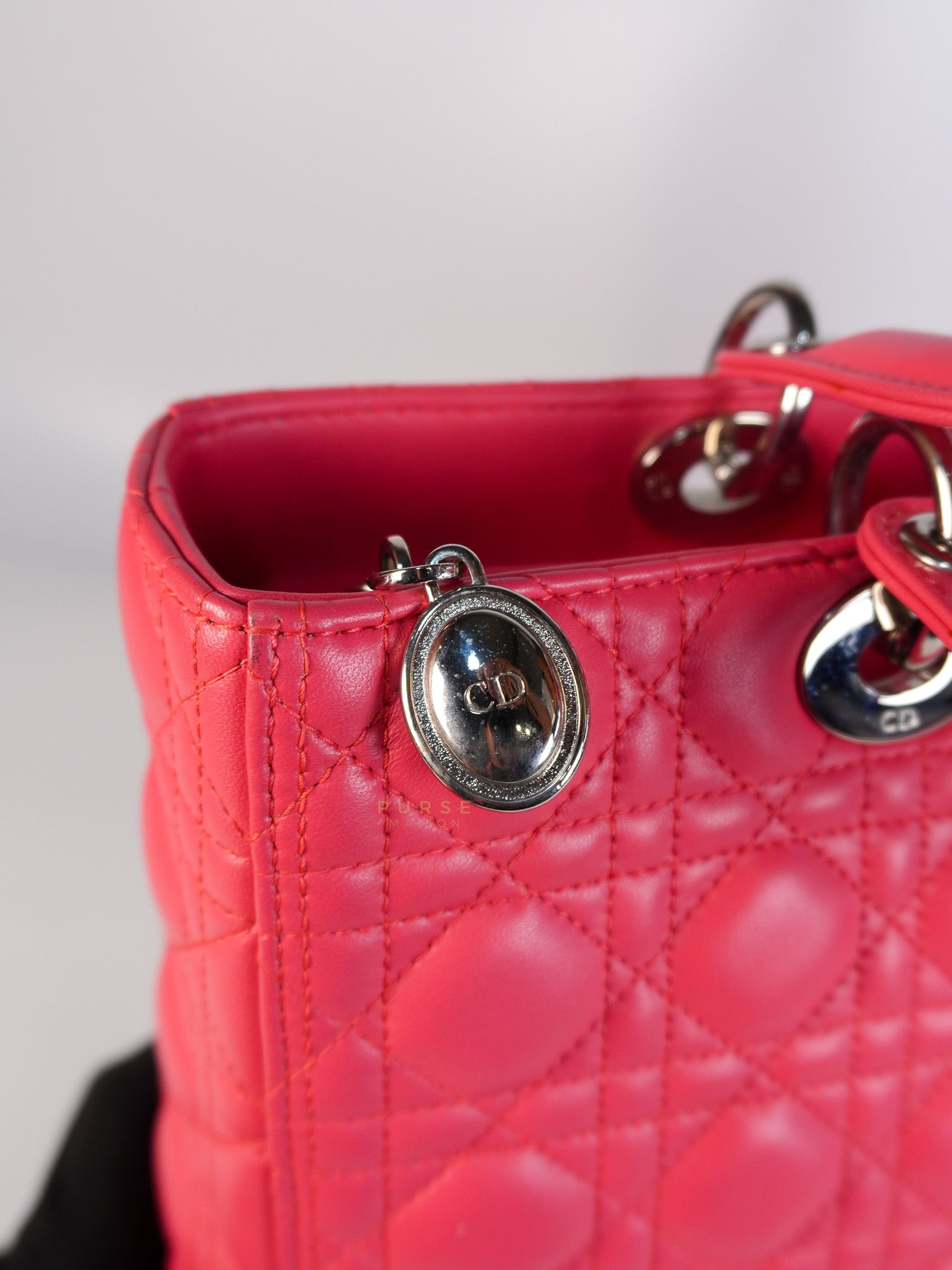 Lady Dior Large Coral Pink Cannage Lambskin Leather in Silver Hardware | Purse Maison Luxury Bags Shop