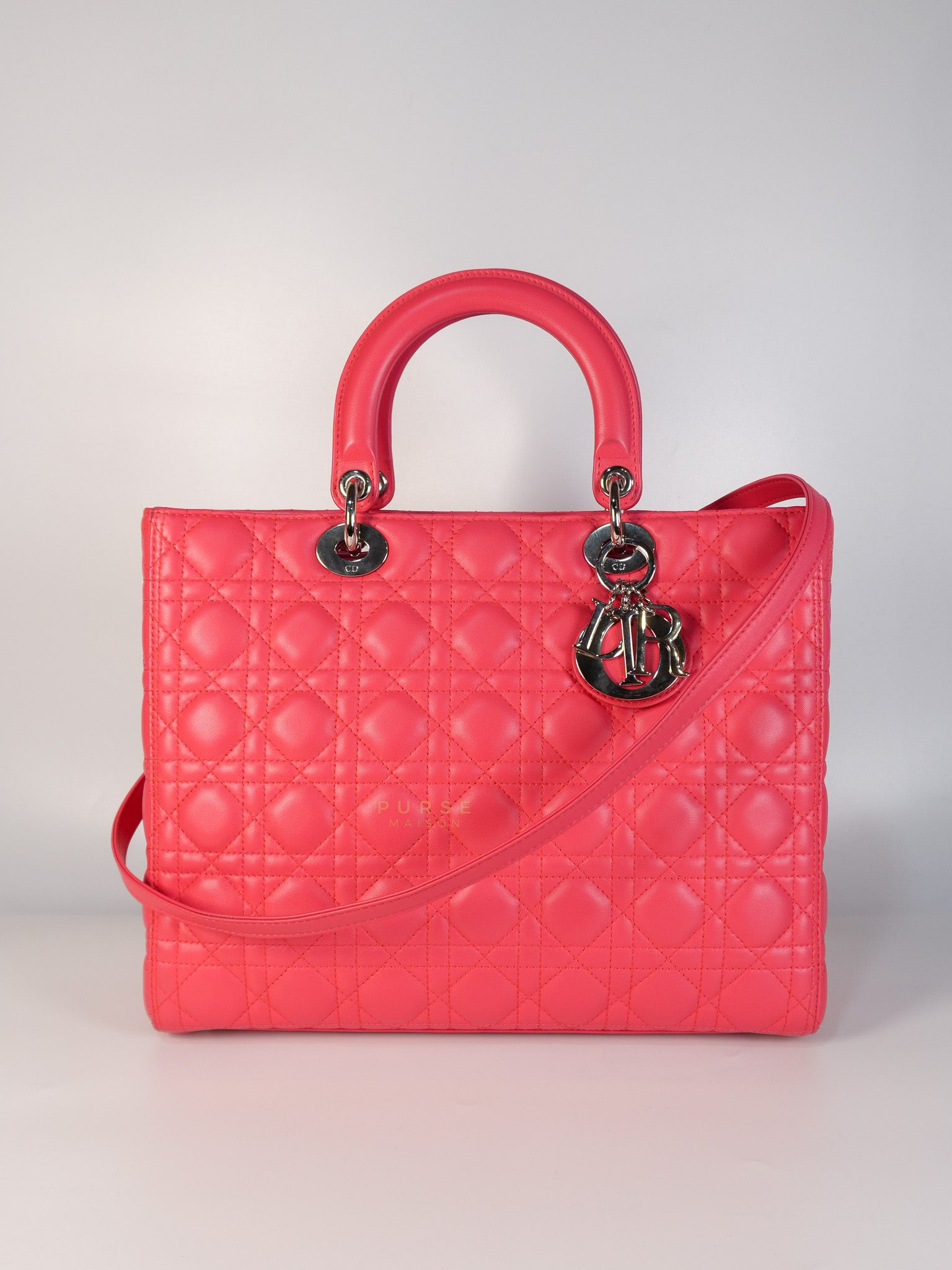 Lady Dior Large Coral Pink Cannage Lambskin Leather in Silver Hardware | Purse Maison Luxury Bags Shop