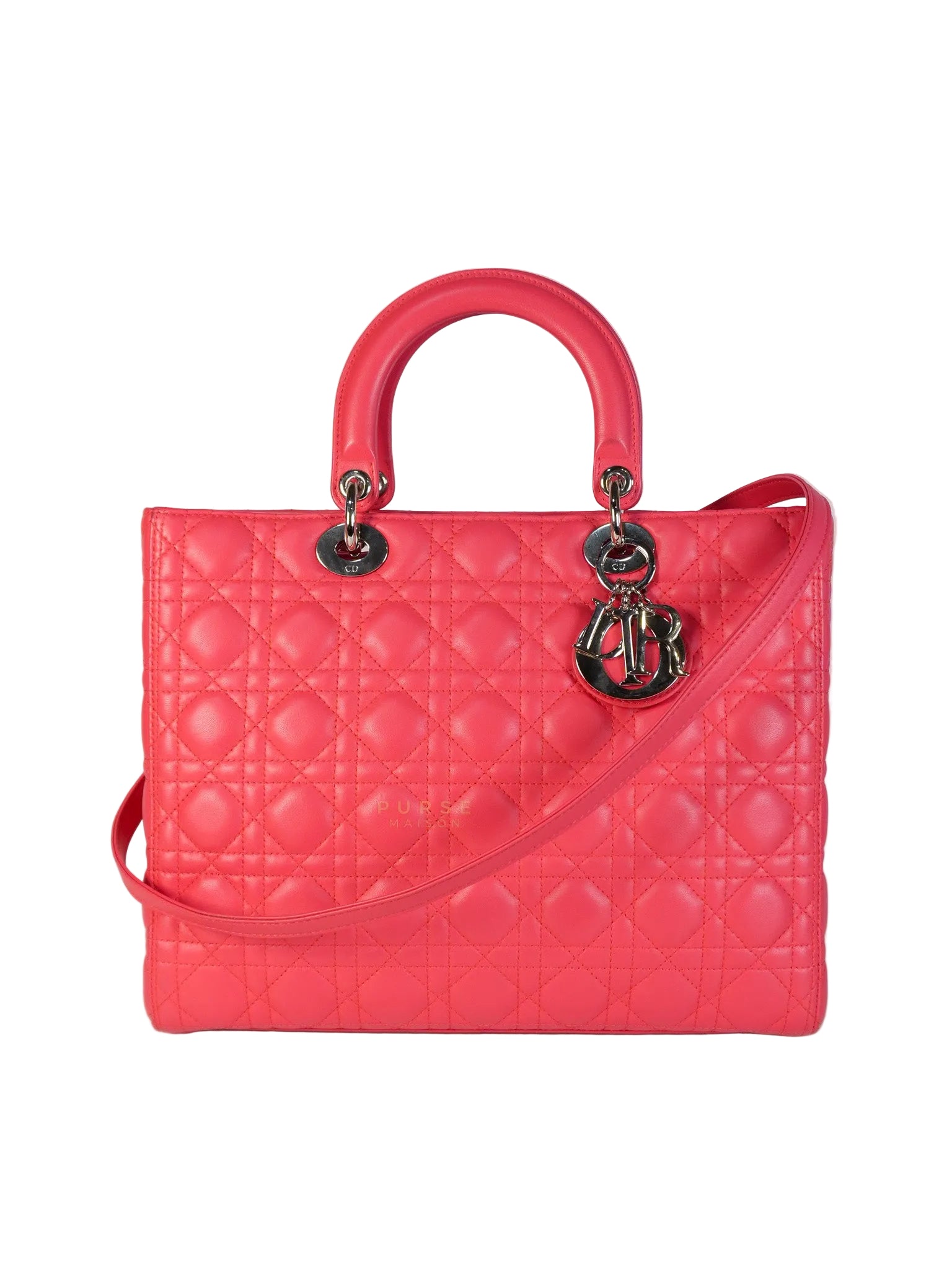 Lady Dior Large Coral Pink Cannage Lambskin Leather in Silver Hardware | Purse Maison Luxury Bags Shop