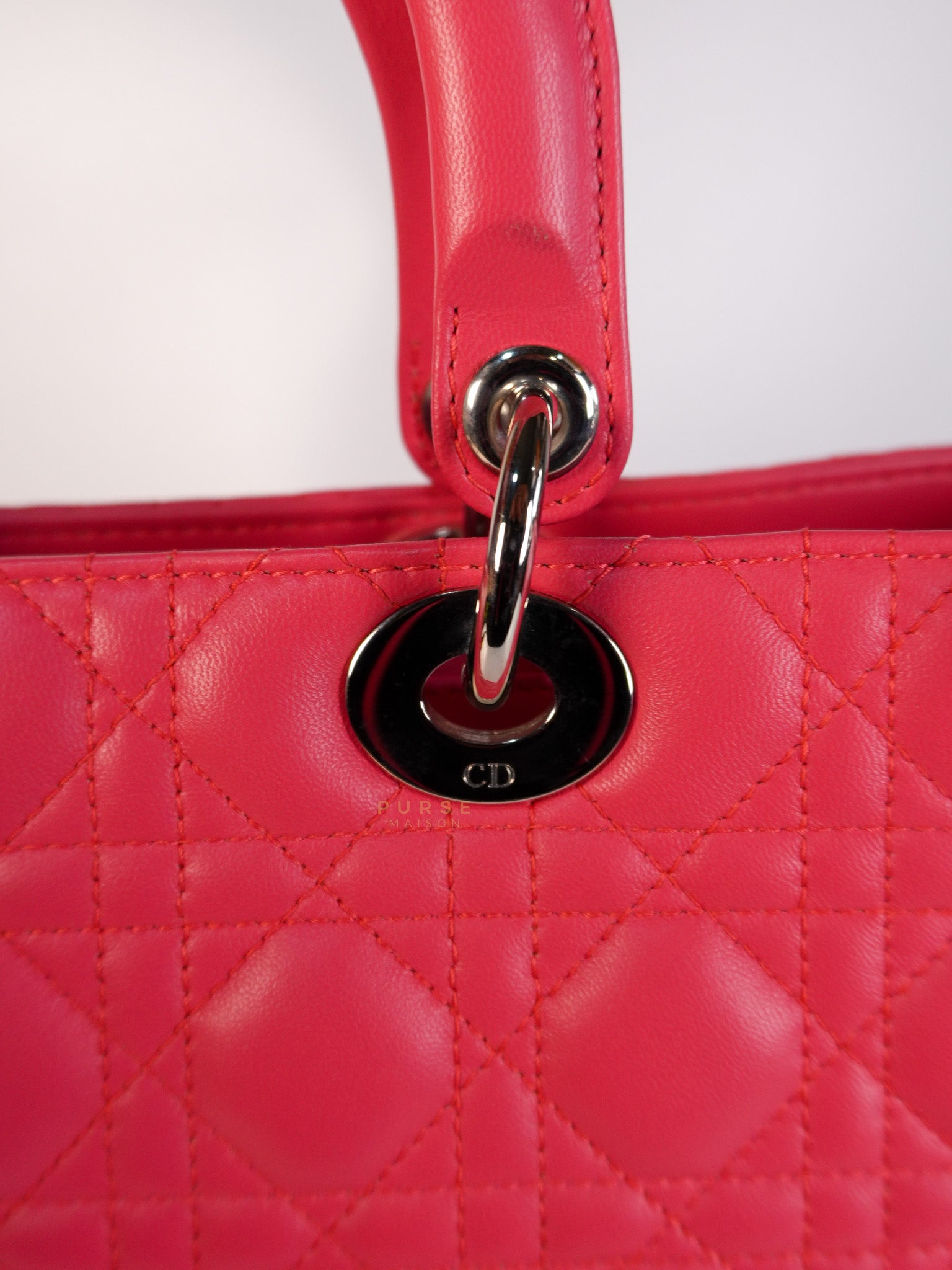 Lady Dior Large Coral Pink Cannage Lambskin Leather in Silver Hardware | Purse Maison Luxury Bags Shop