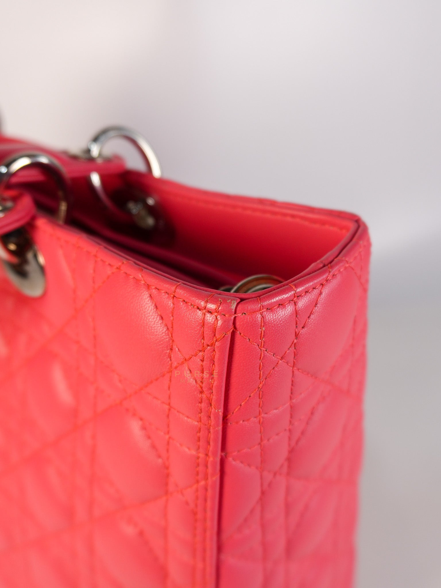 Lady Dior Large Coral Pink Cannage Lambskin Leather in Silver Hardware | Purse Maison Luxury Bags Shop