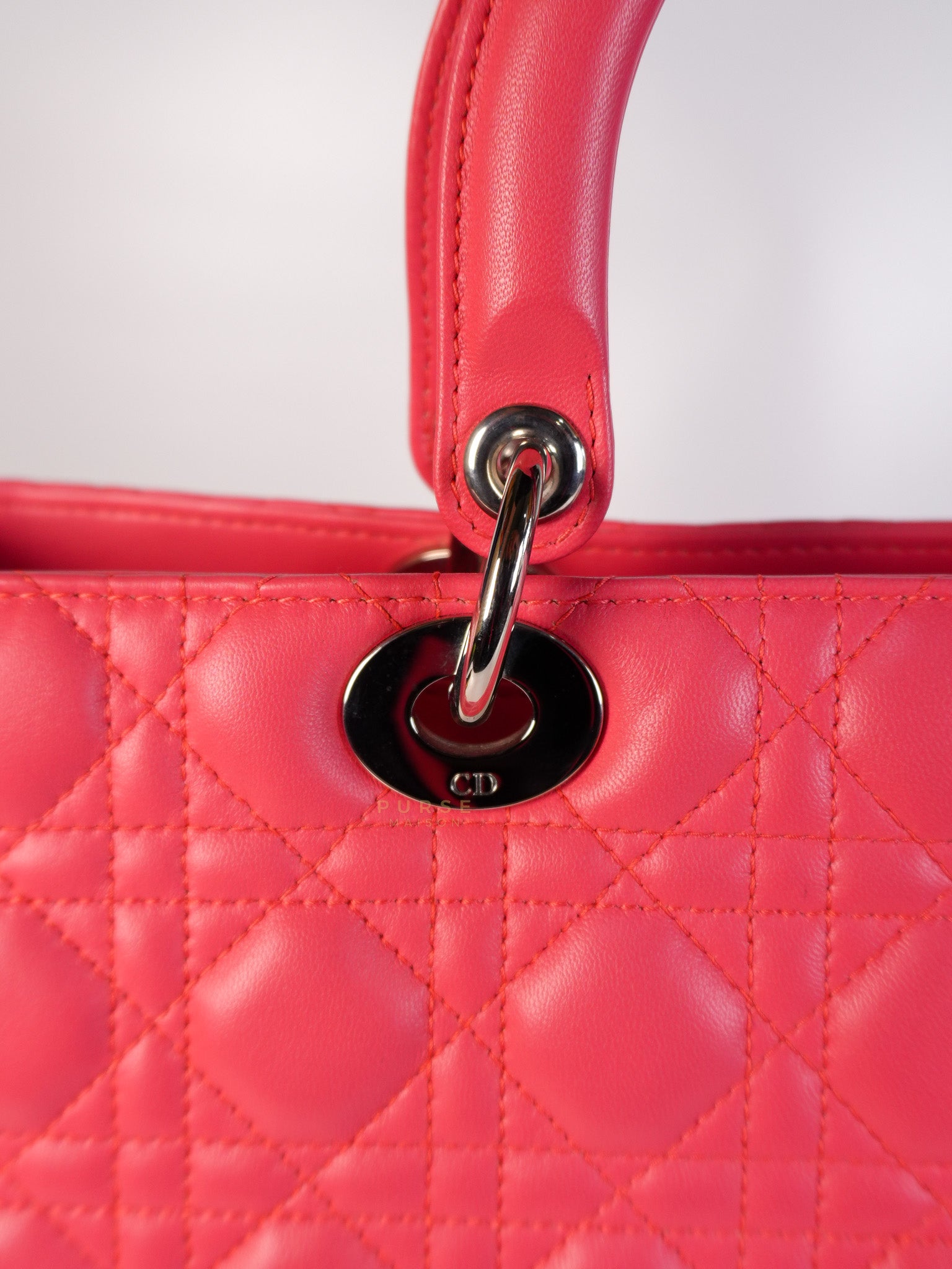 Lady Dior Large Coral Pink Cannage Lambskin Leather in Silver Hardware | Purse Maison Luxury Bags Shop