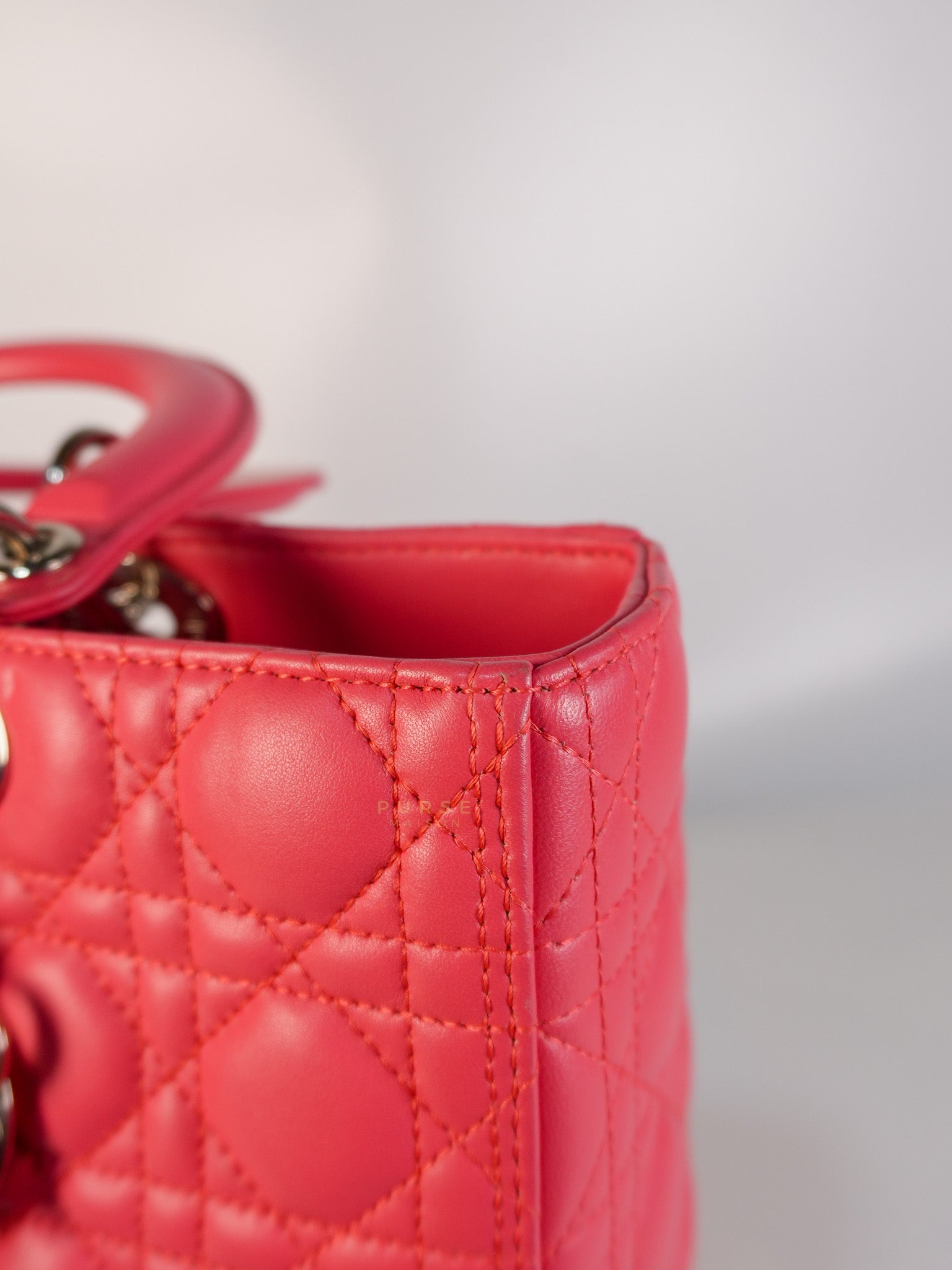 Lady Dior Large Coral Pink Cannage Lambskin Leather in Silver Hardware | Purse Maison Luxury Bags Shop