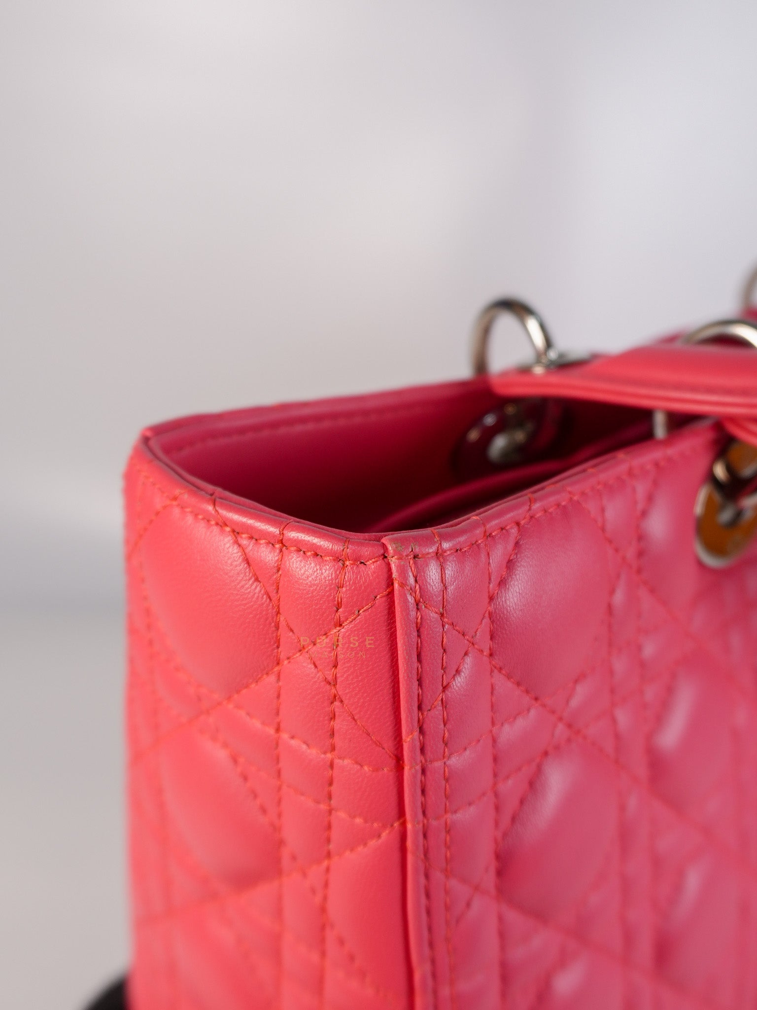 Lady Dior Large Coral Pink Cannage Lambskin Leather in Silver Hardware | Purse Maison Luxury Bags Shop