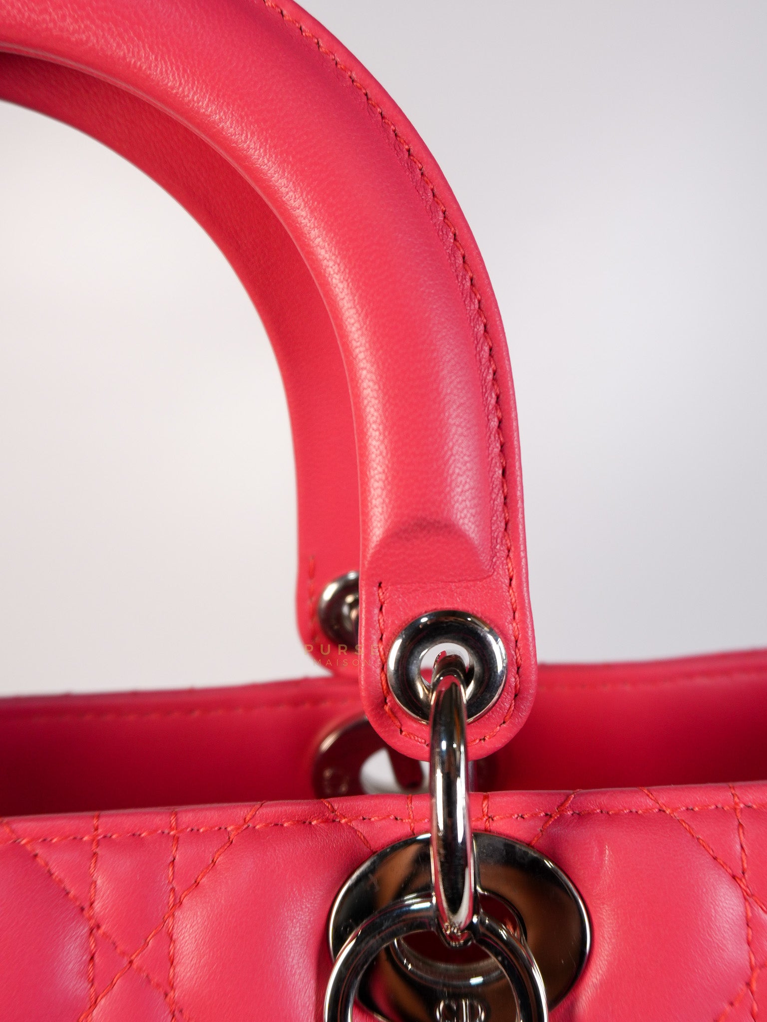 Lady Dior Large Coral Pink Cannage Lambskin Leather in Silver Hardware | Purse Maison Luxury Bags Shop