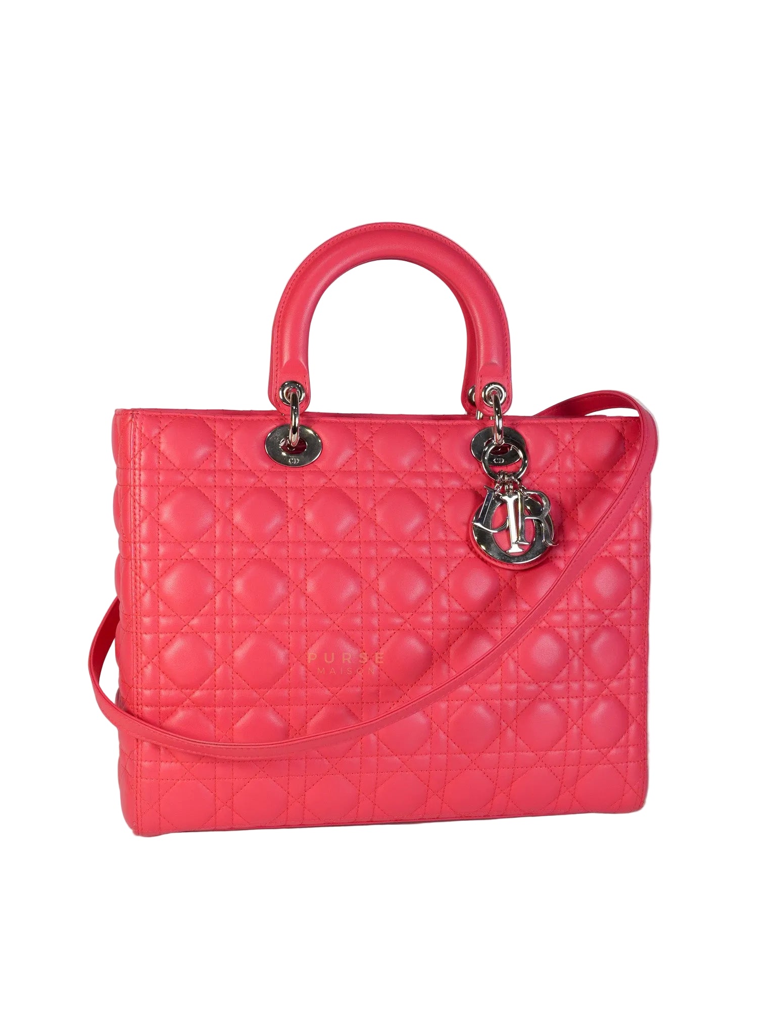 Lady Dior Large Coral Pink Cannage Lambskin Leather in Silver Hardware | Purse Maison Luxury Bags Shop