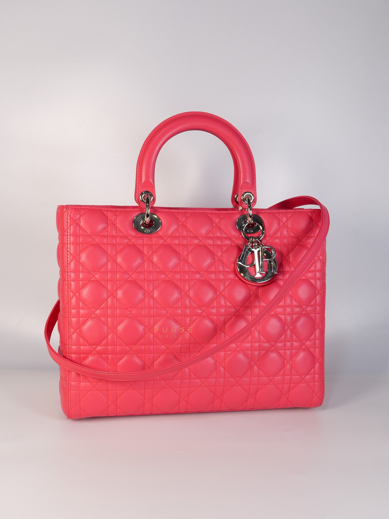 Lady Dior Large Coral Pink Cannage Lambskin Leather in Silver Hardware | Purse Maison Luxury Bags Shop