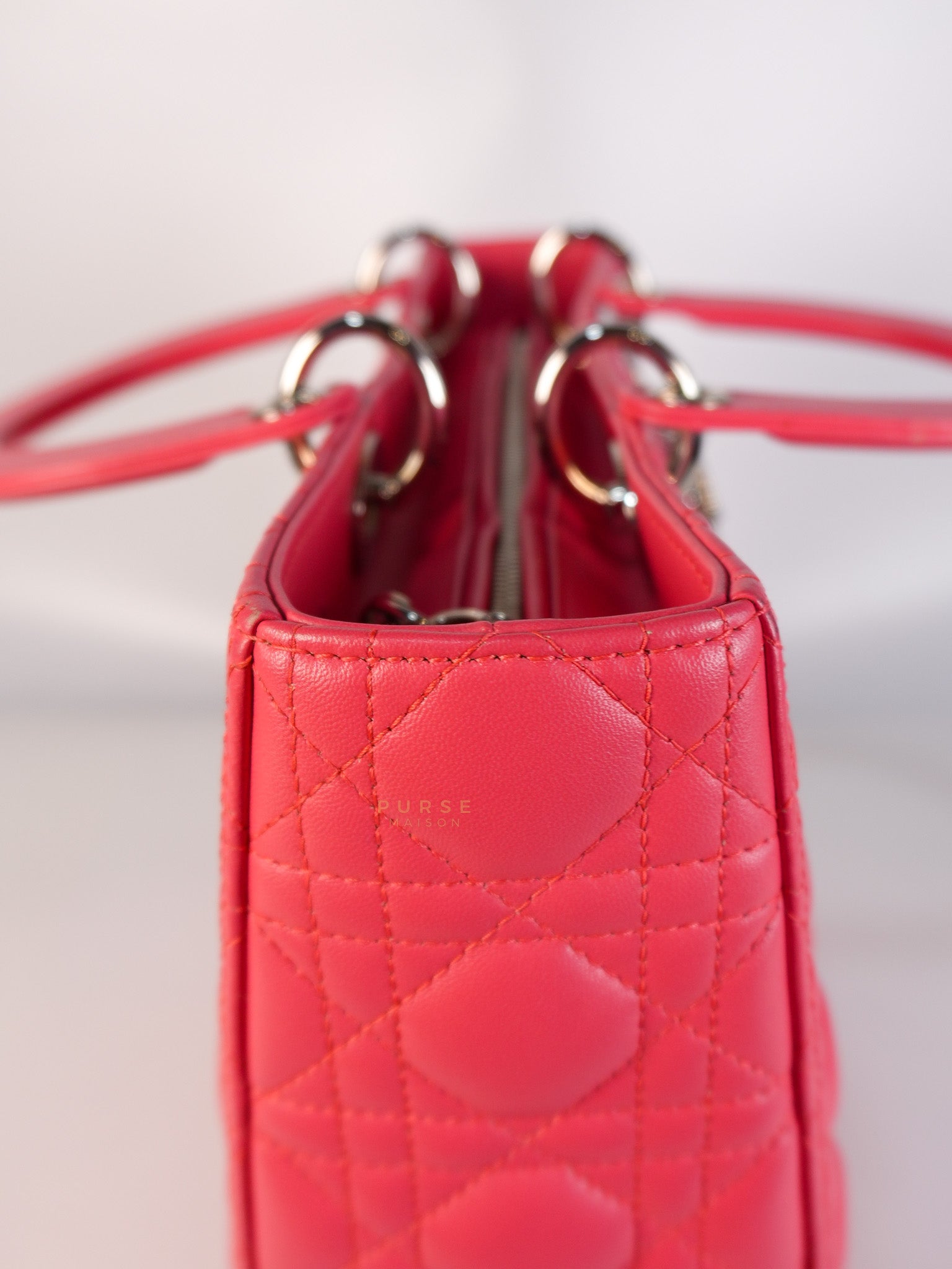 Lady Dior Large Coral Pink Cannage Lambskin Leather in Silver Hardware | Purse Maison Luxury Bags Shop