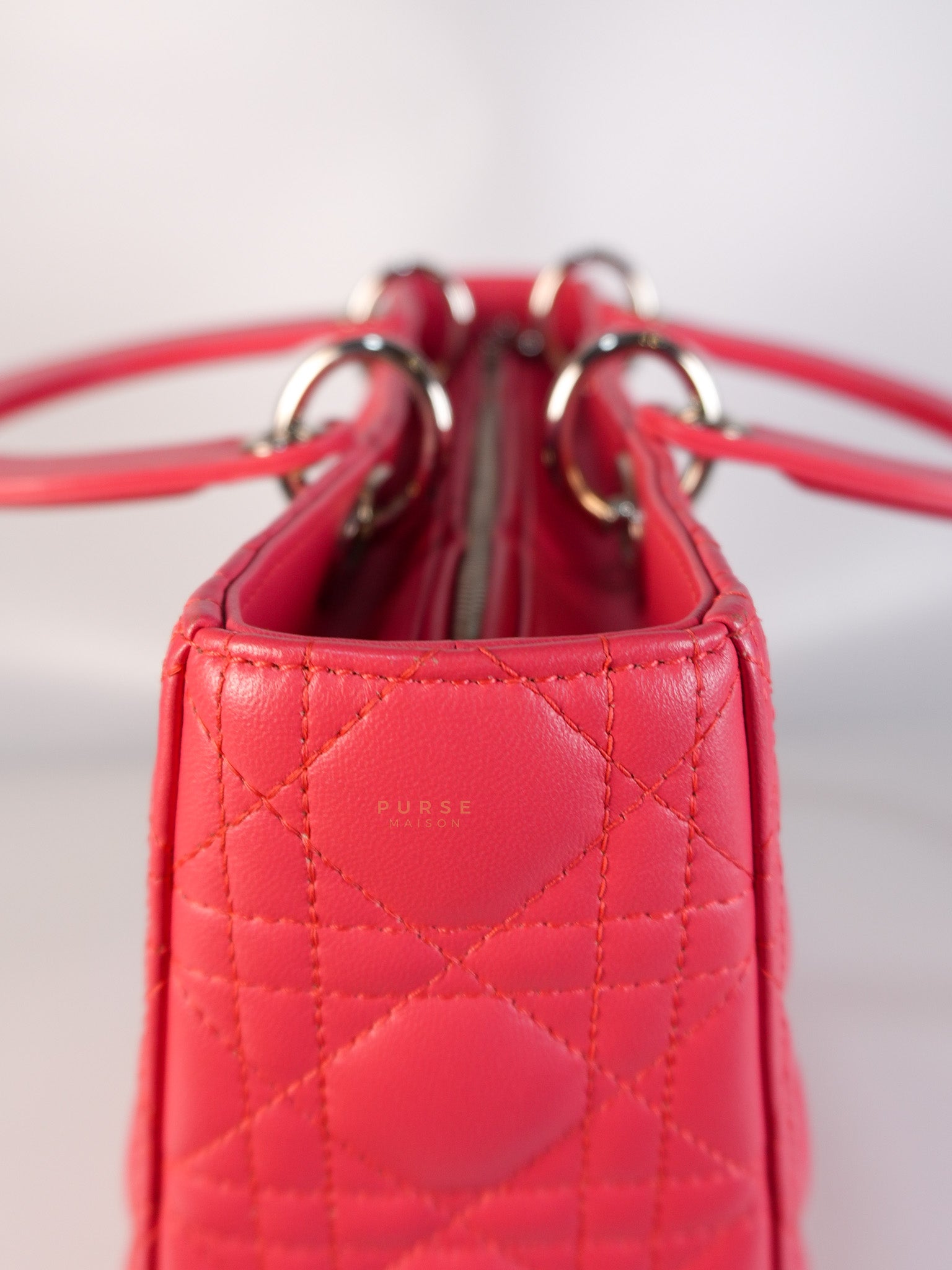Lady Dior Large Coral Pink Cannage Lambskin Leather in Silver Hardware | Purse Maison Luxury Bags Shop
