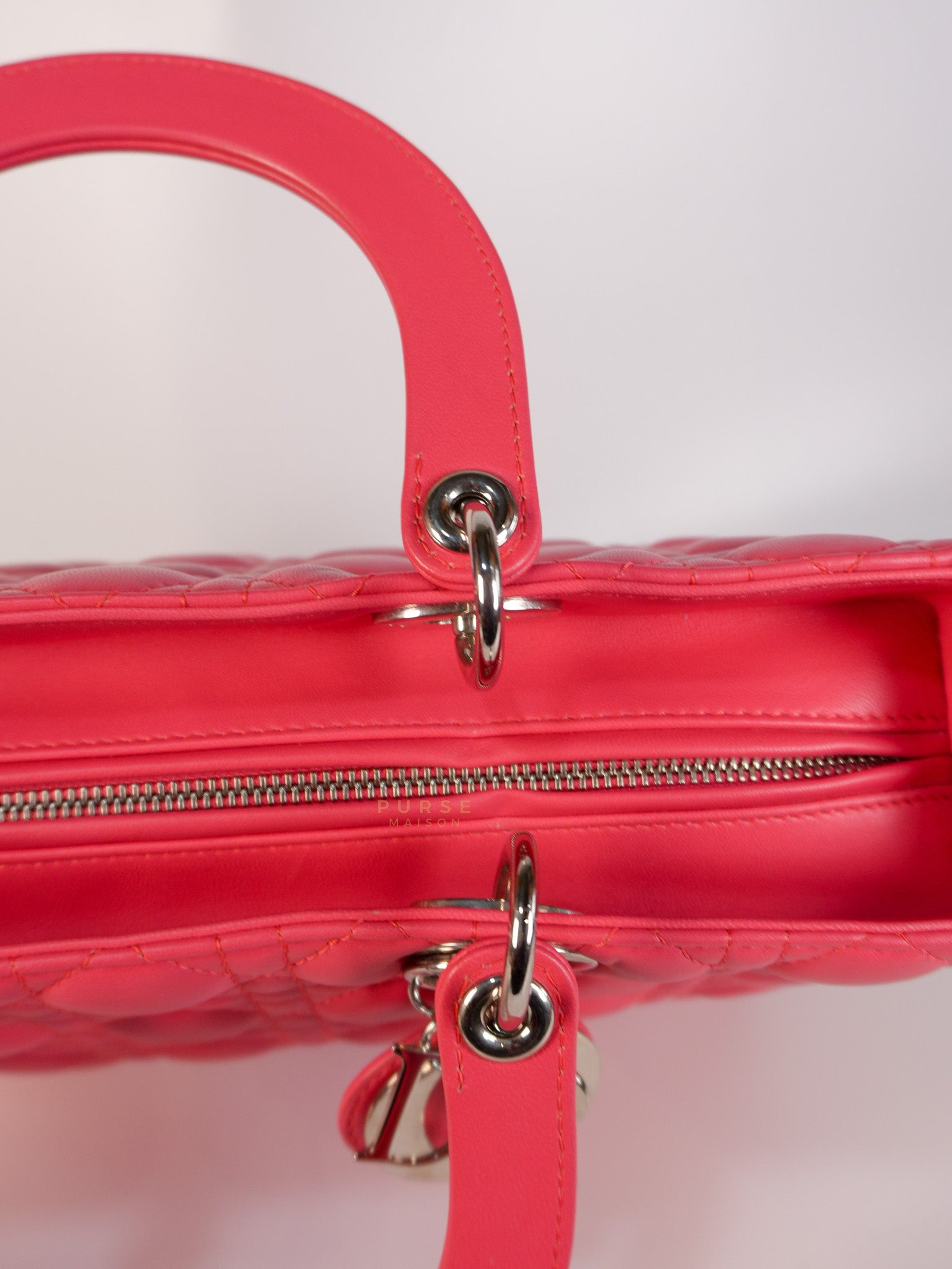 Lady Dior Large Coral Pink Cannage Lambskin Leather in Silver Hardware | Purse Maison Luxury Bags Shop