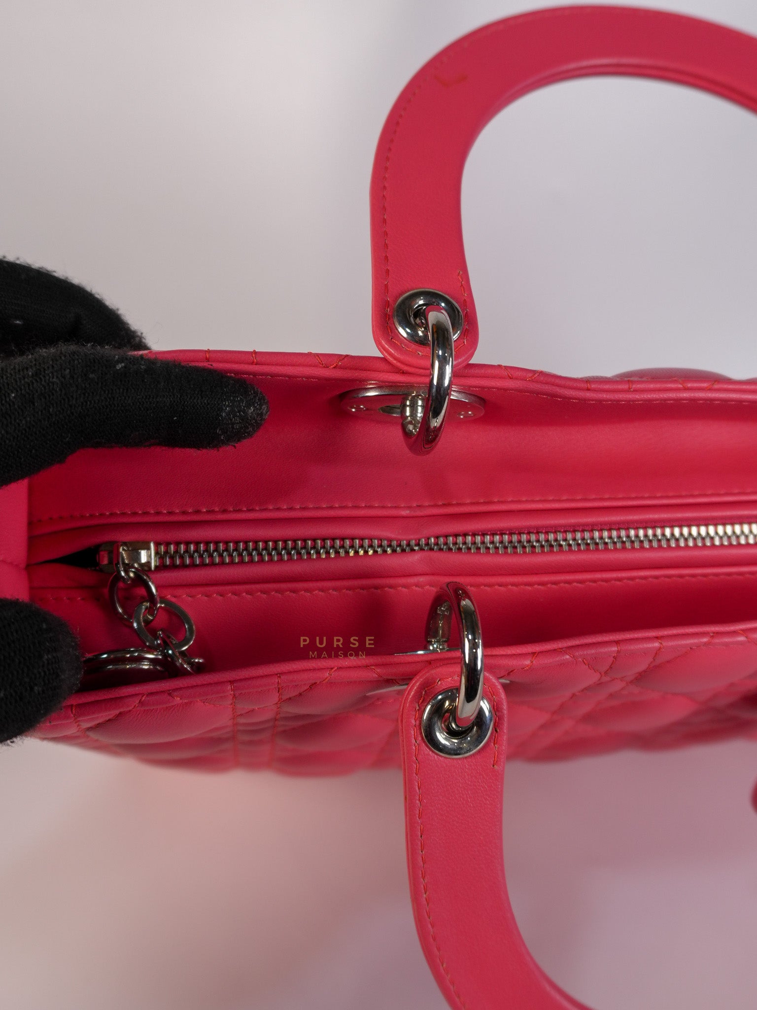 Lady Dior Large Coral Pink Cannage Lambskin Leather in Silver Hardware | Purse Maison Luxury Bags Shop