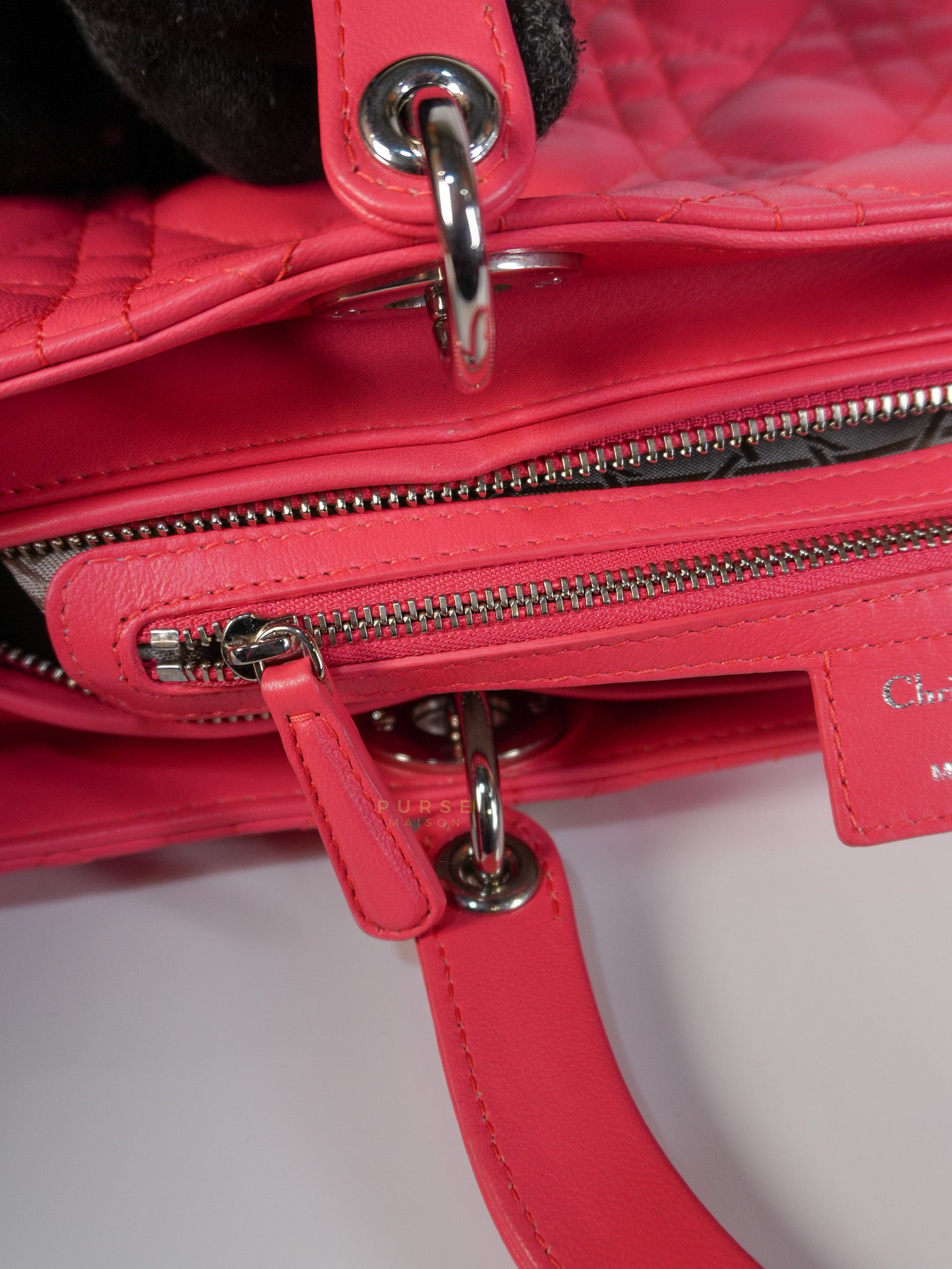 Lady Dior Large Coral Pink Cannage Lambskin Leather in Silver Hardware | Purse Maison Luxury Bags Shop