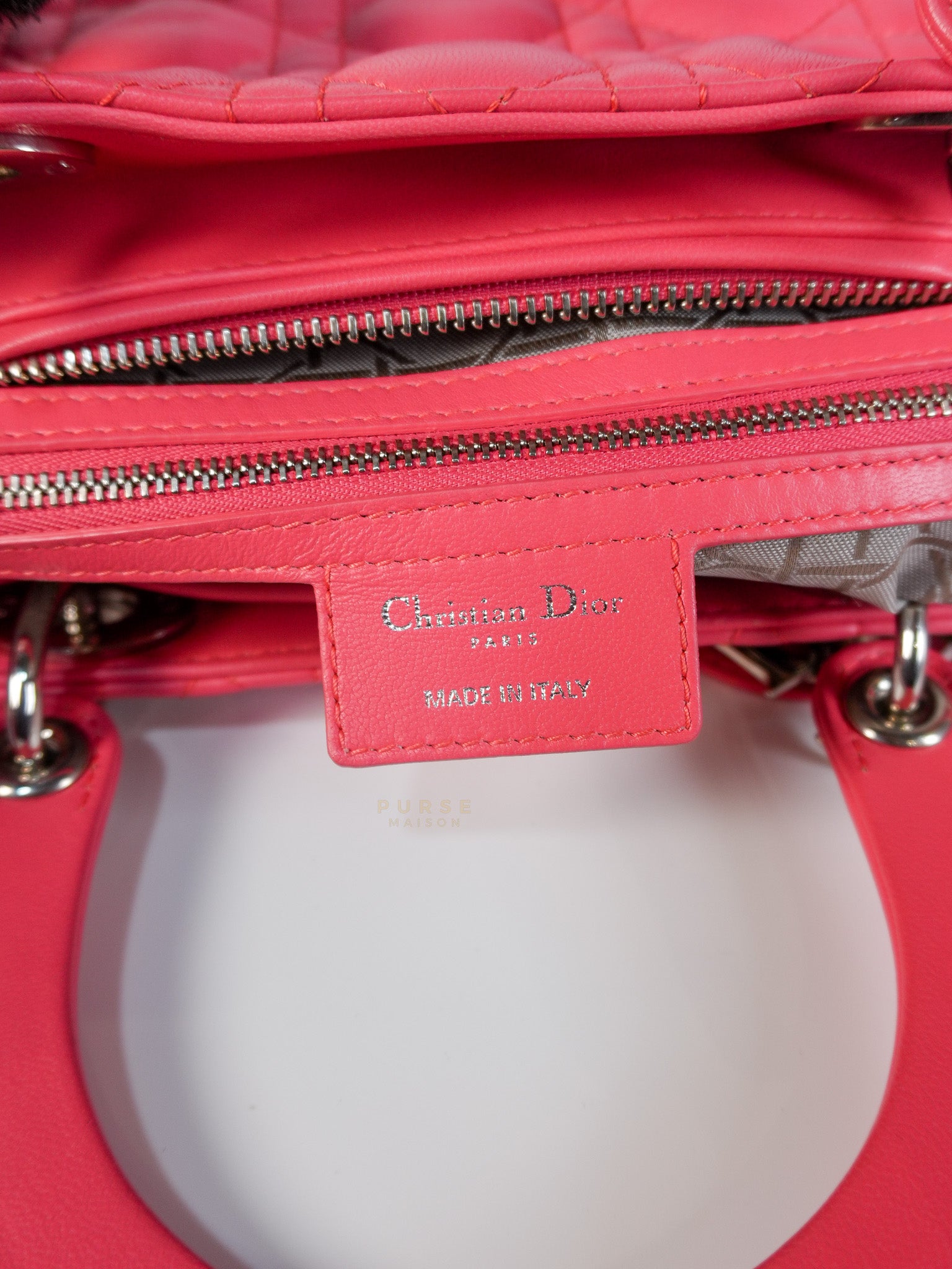 Lady Dior Large Coral Pink Cannage Lambskin Leather in Silver Hardware | Purse Maison Luxury Bags Shop