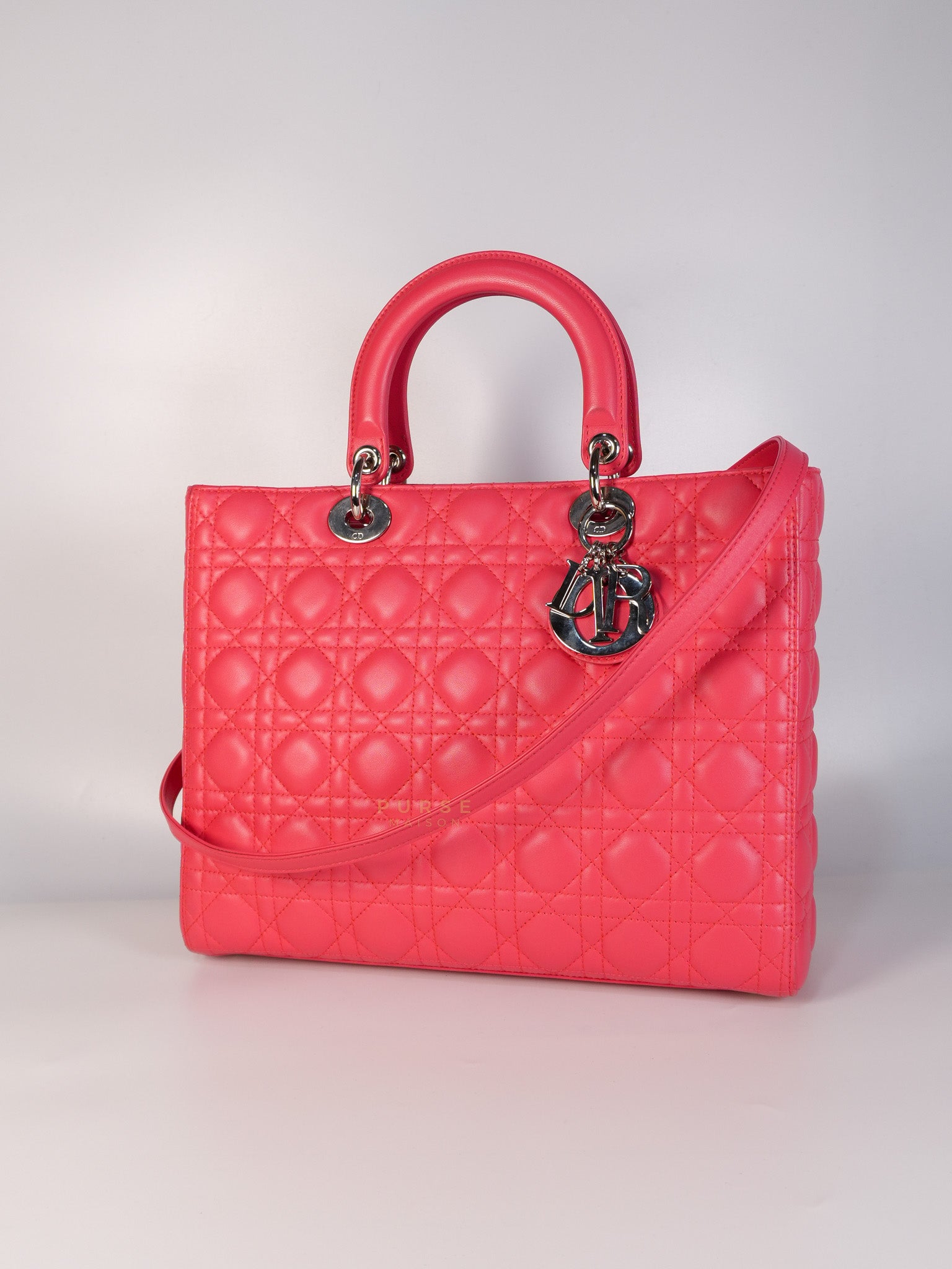 Lady Dior Large Coral Pink Cannage Lambskin Leather in Silver Hardware | Purse Maison Luxury Bags Shop