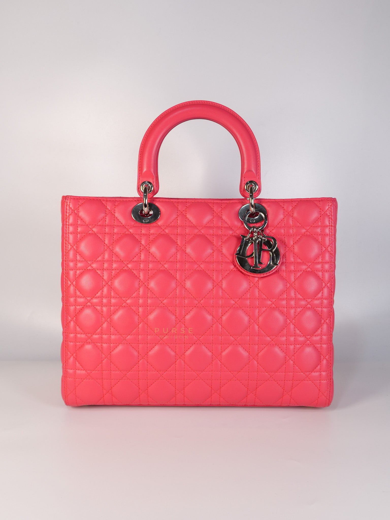 Lady Dior Large Coral Pink Cannage Lambskin Leather in Silver Hardware | Purse Maison Luxury Bags Shop