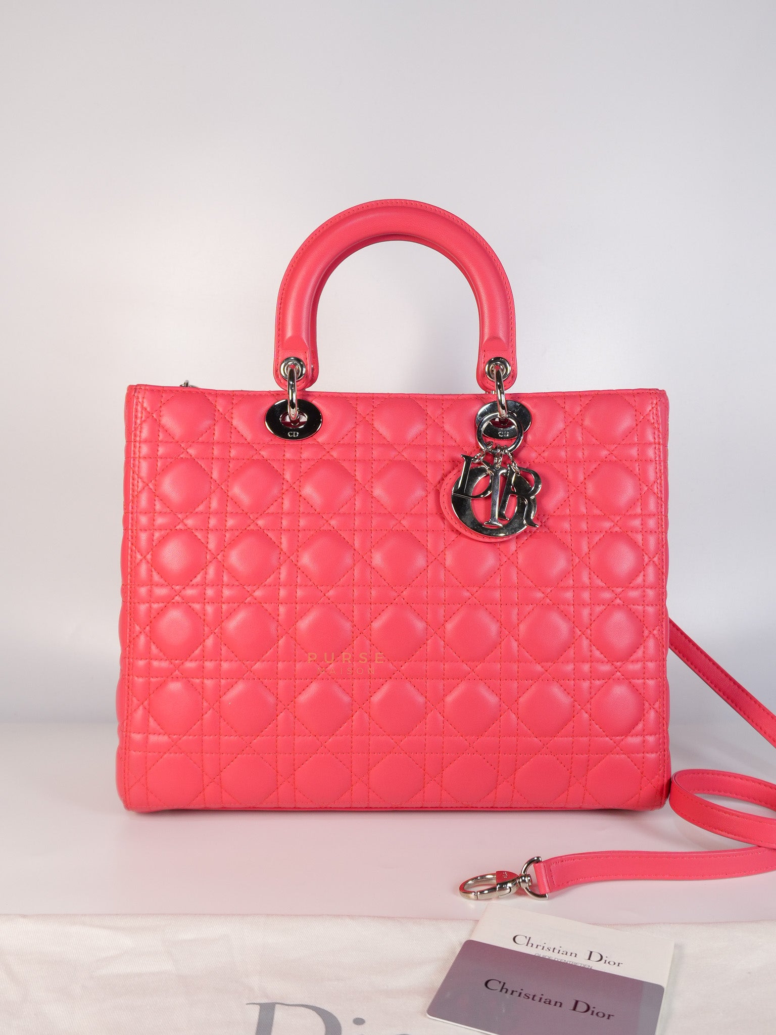 Lady Dior Large Coral Pink Cannage Lambskin Leather in Silver Hardware | Purse Maison Luxury Bags Shop