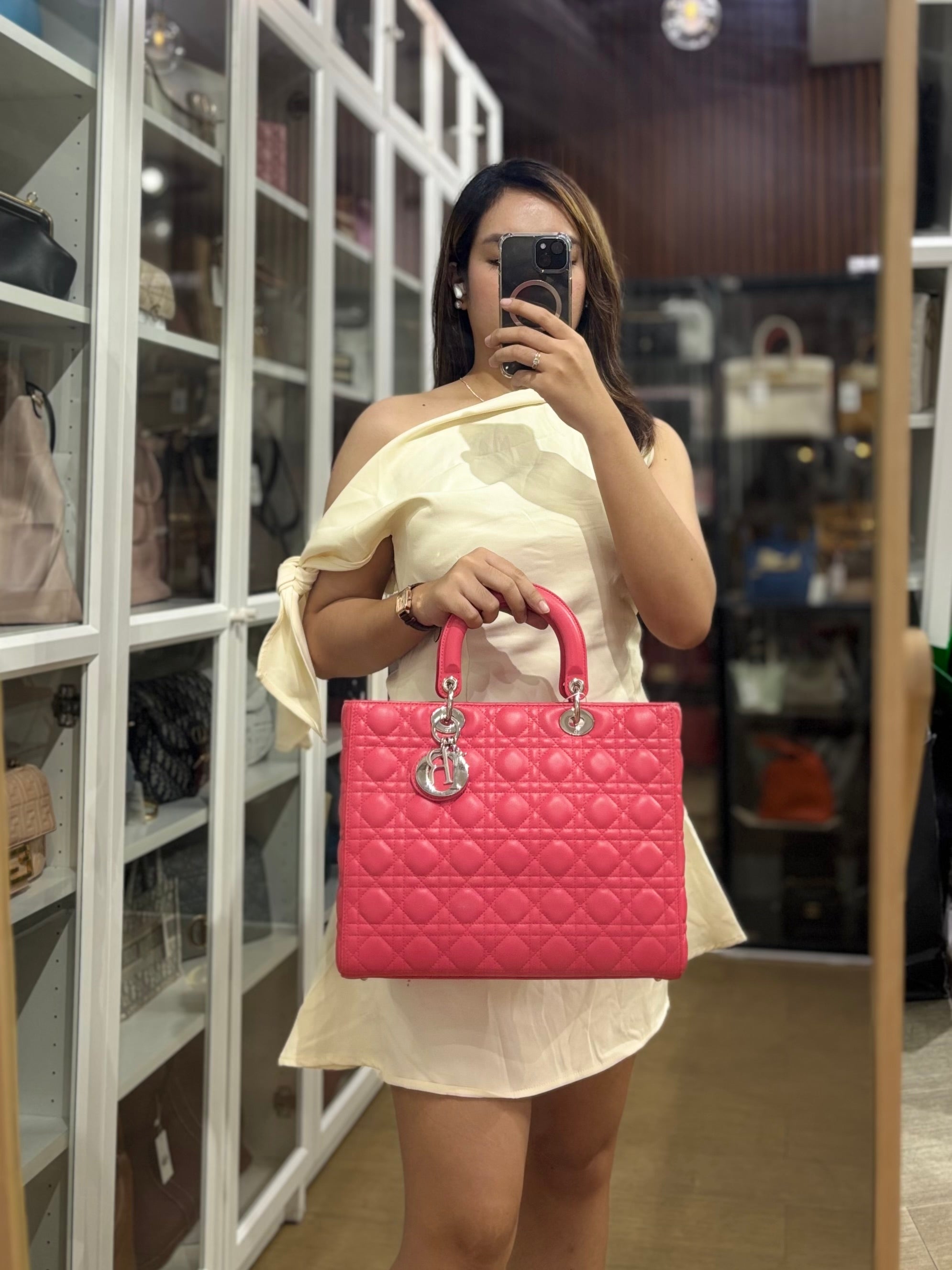 Lady Dior Large Coral Pink Cannage Lambskin Leather in Silver Hardware | Purse Maison Luxury Bags Shop
