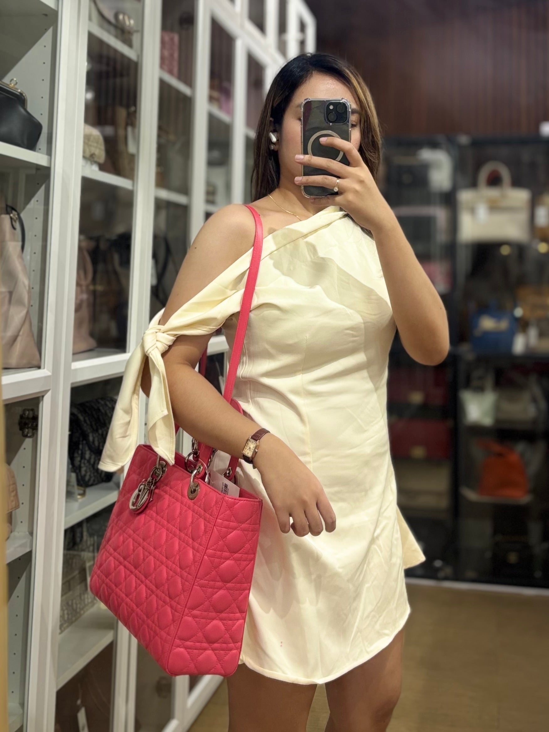 Lady Dior Large Coral Pink Cannage Lambskin Leather in Silver Hardware | Purse Maison Luxury Bags Shop