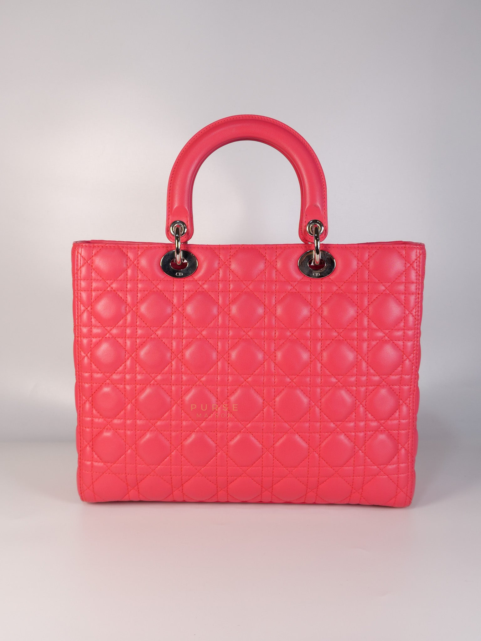 Lady Dior Large Coral Pink Cannage Lambskin Leather in Silver Hardware | Purse Maison Luxury Bags Shop