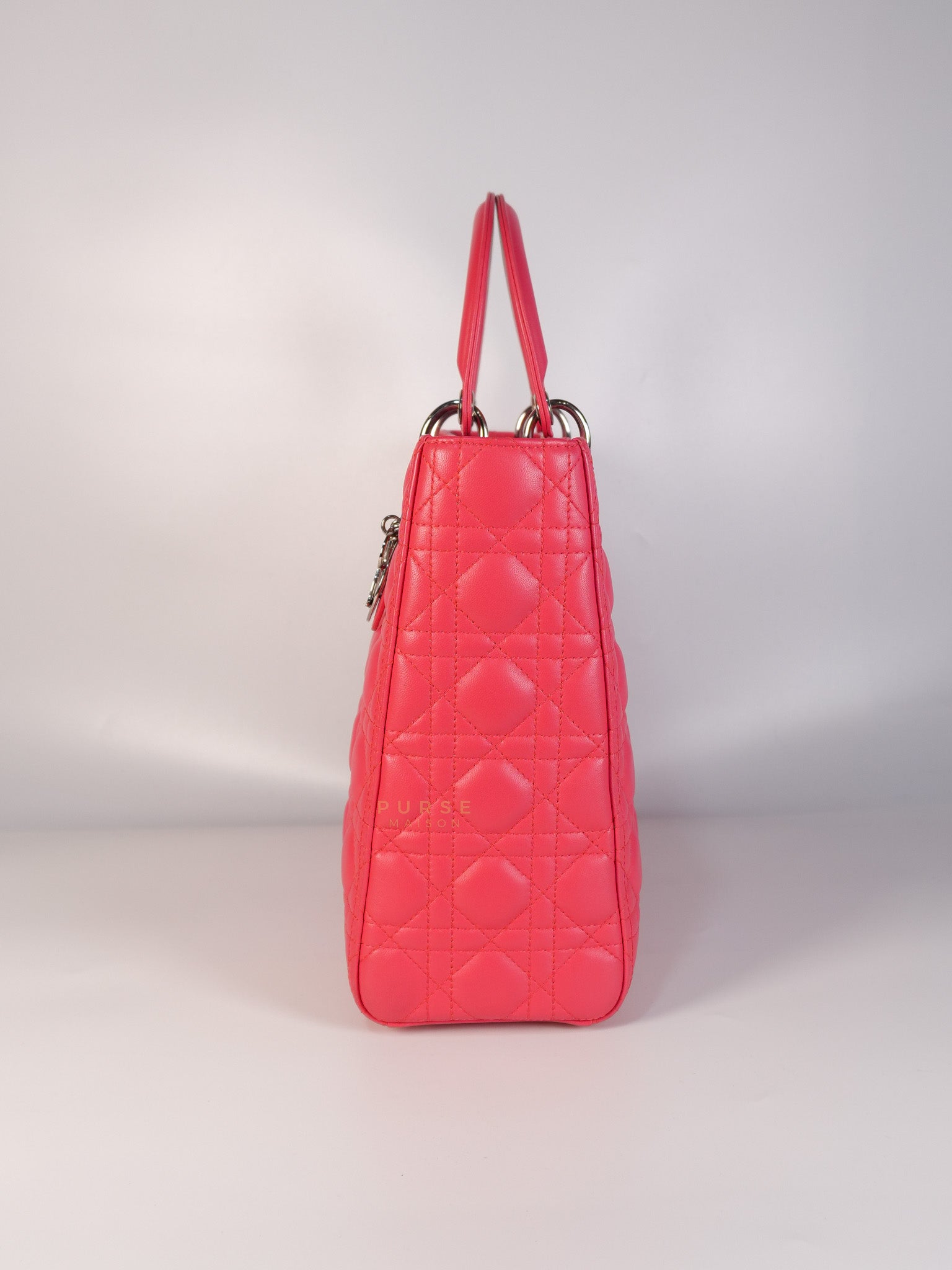 Lady Dior Large Coral Pink Cannage Lambskin Leather in Silver Hardware | Purse Maison Luxury Bags Shop