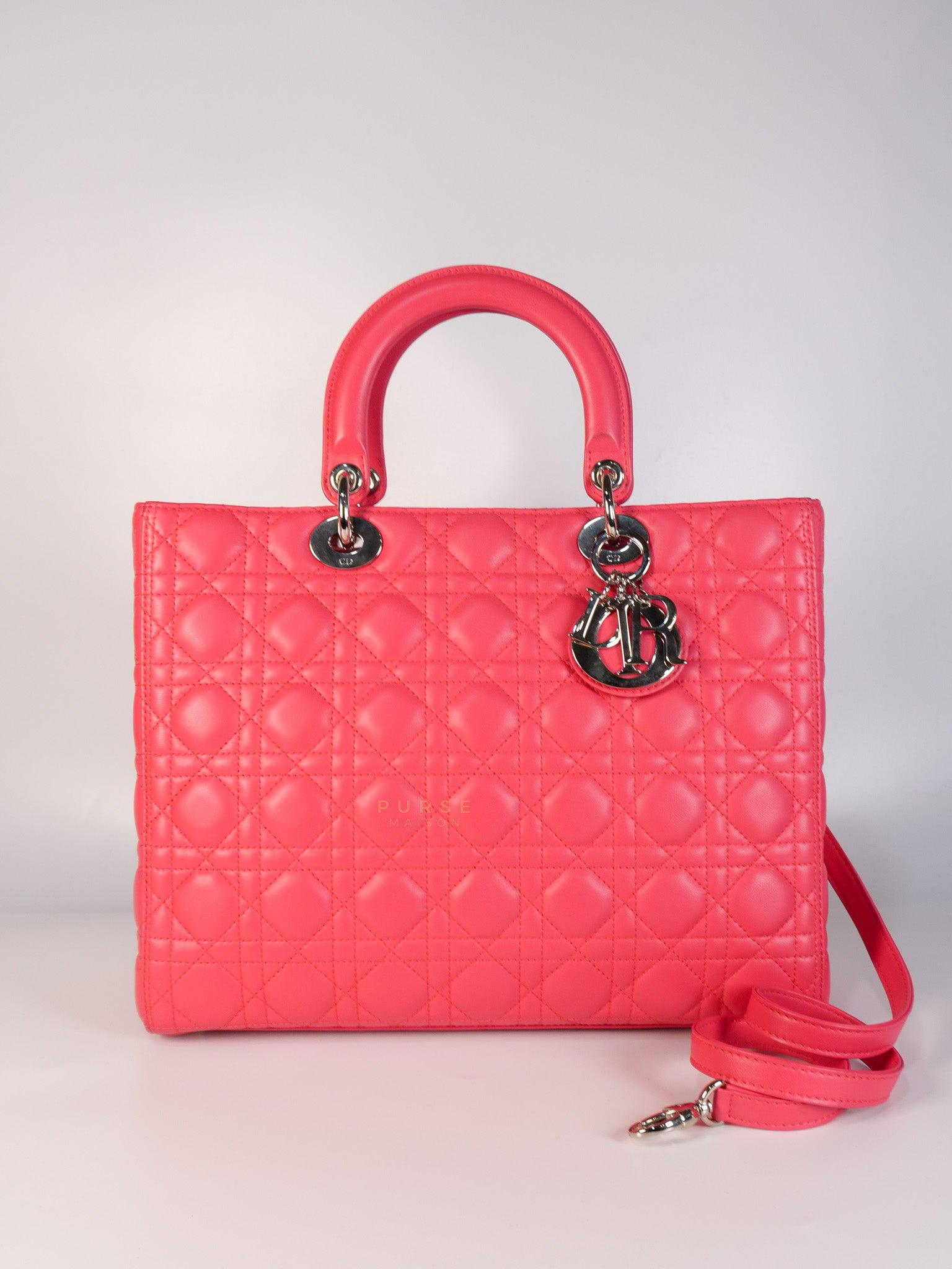 Lady Dior Large Coral Pink Cannage Lambskin Leather in Silver Hardware | Purse Maison Luxury Bags Shop