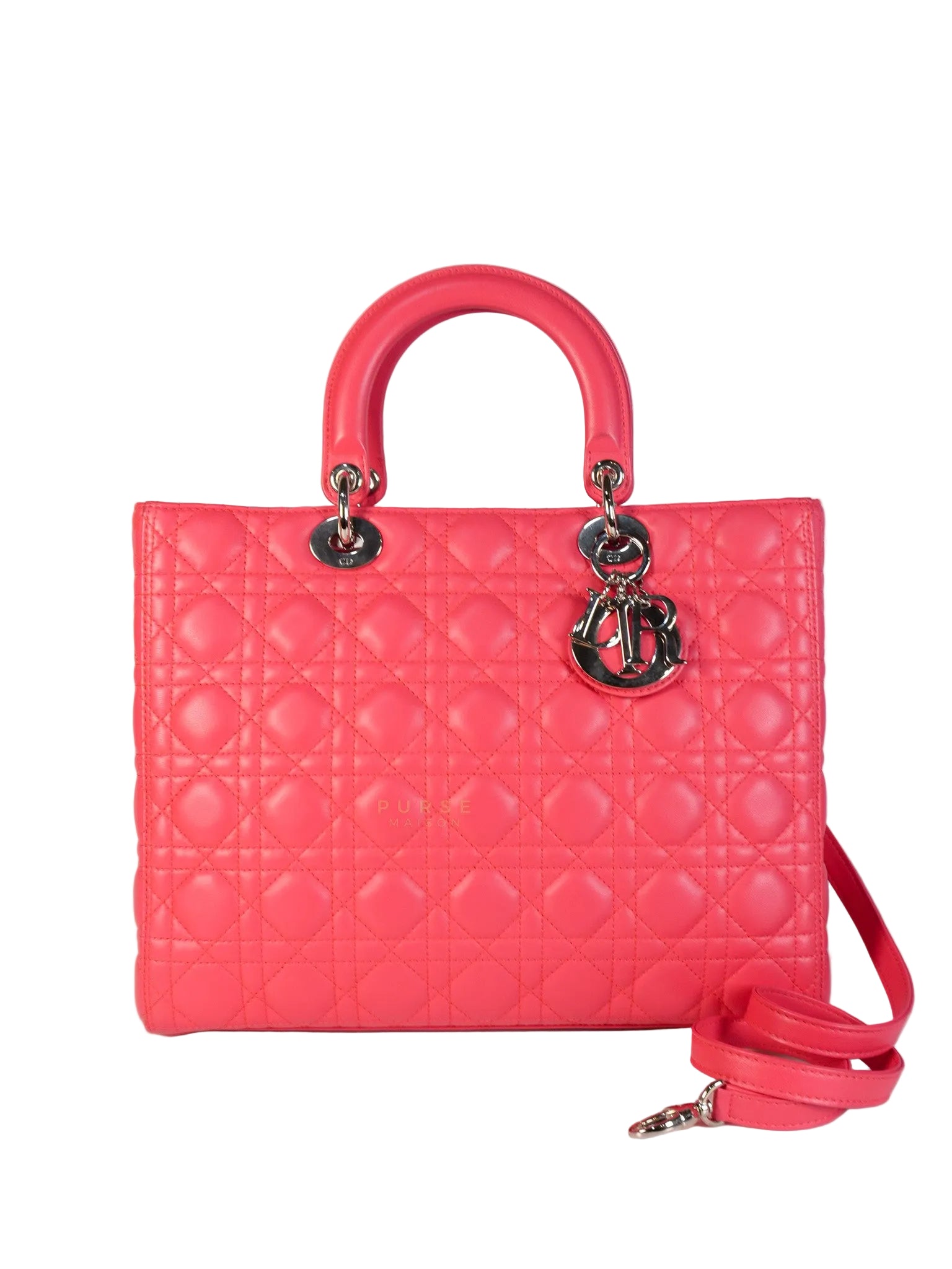 Lady Dior Large Coral Pink Cannage Lambskin Leather in Silver Hardware | Purse Maison Luxury Bags Shop