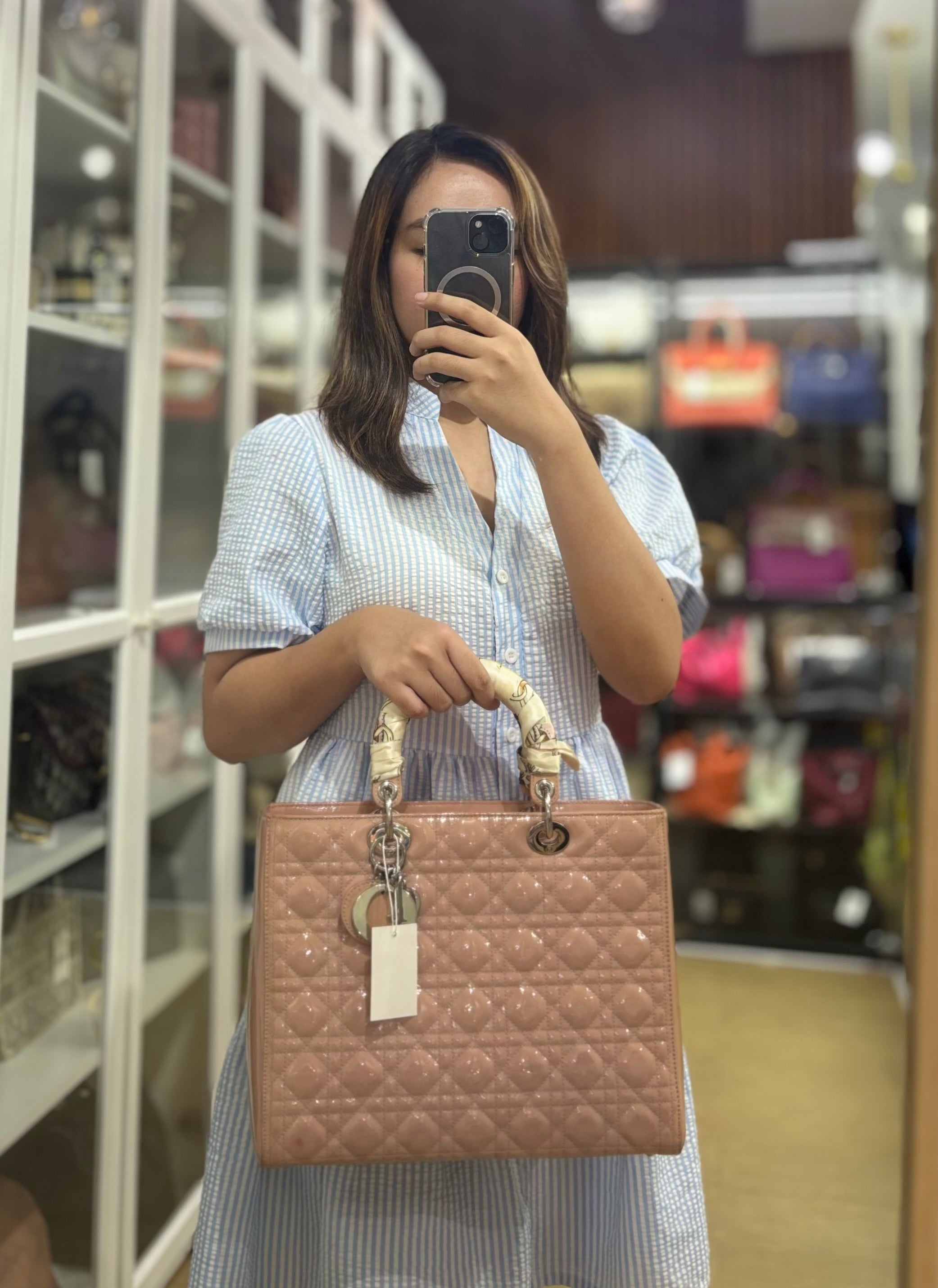 Lady Dior Large Light Pink Cannage Patent Leather | Purse Maison Luxury Bags Shop