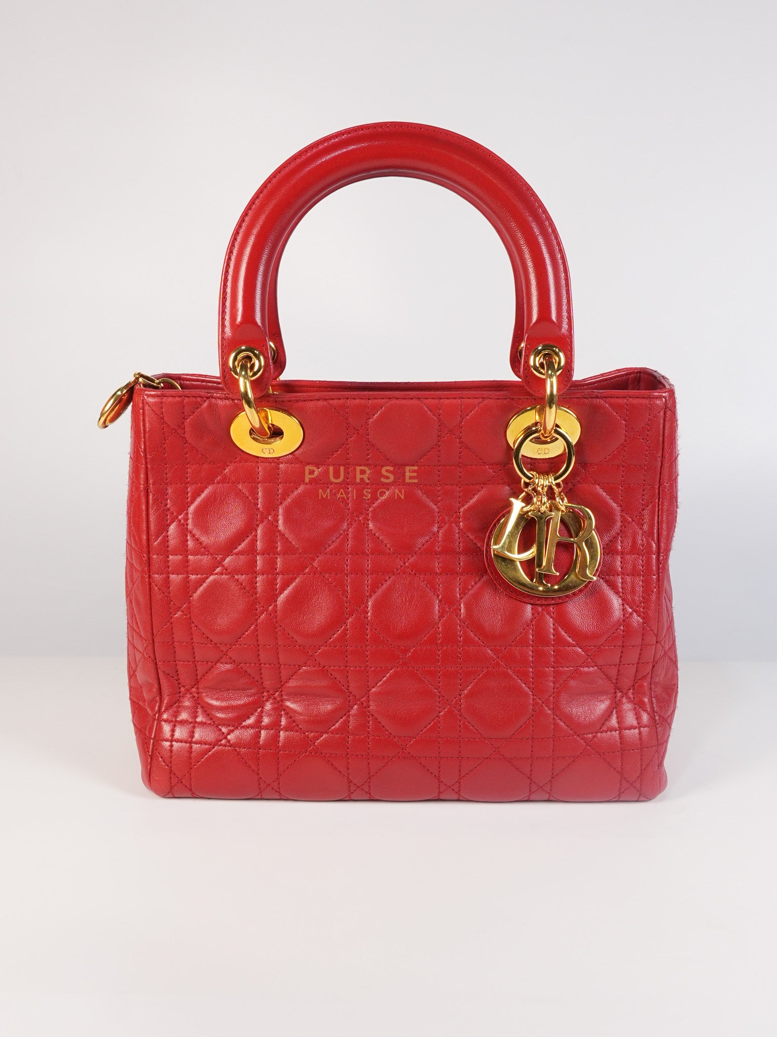 Lady Dior Medium In Red Quilted Lambskin Leather & Gold Hardware | Purse Maison Luxury Bags Shop