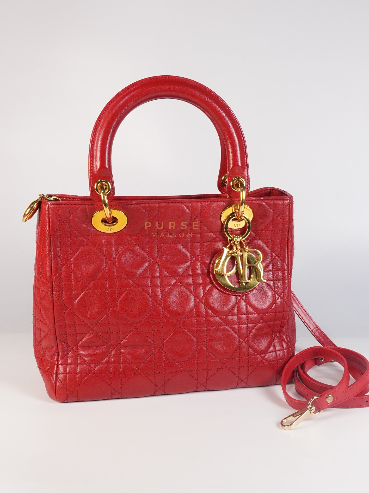 Lady Dior Medium In Red Quilted Lambskin Leather & Gold Hardware | Purse Maison Luxury Bags Shop