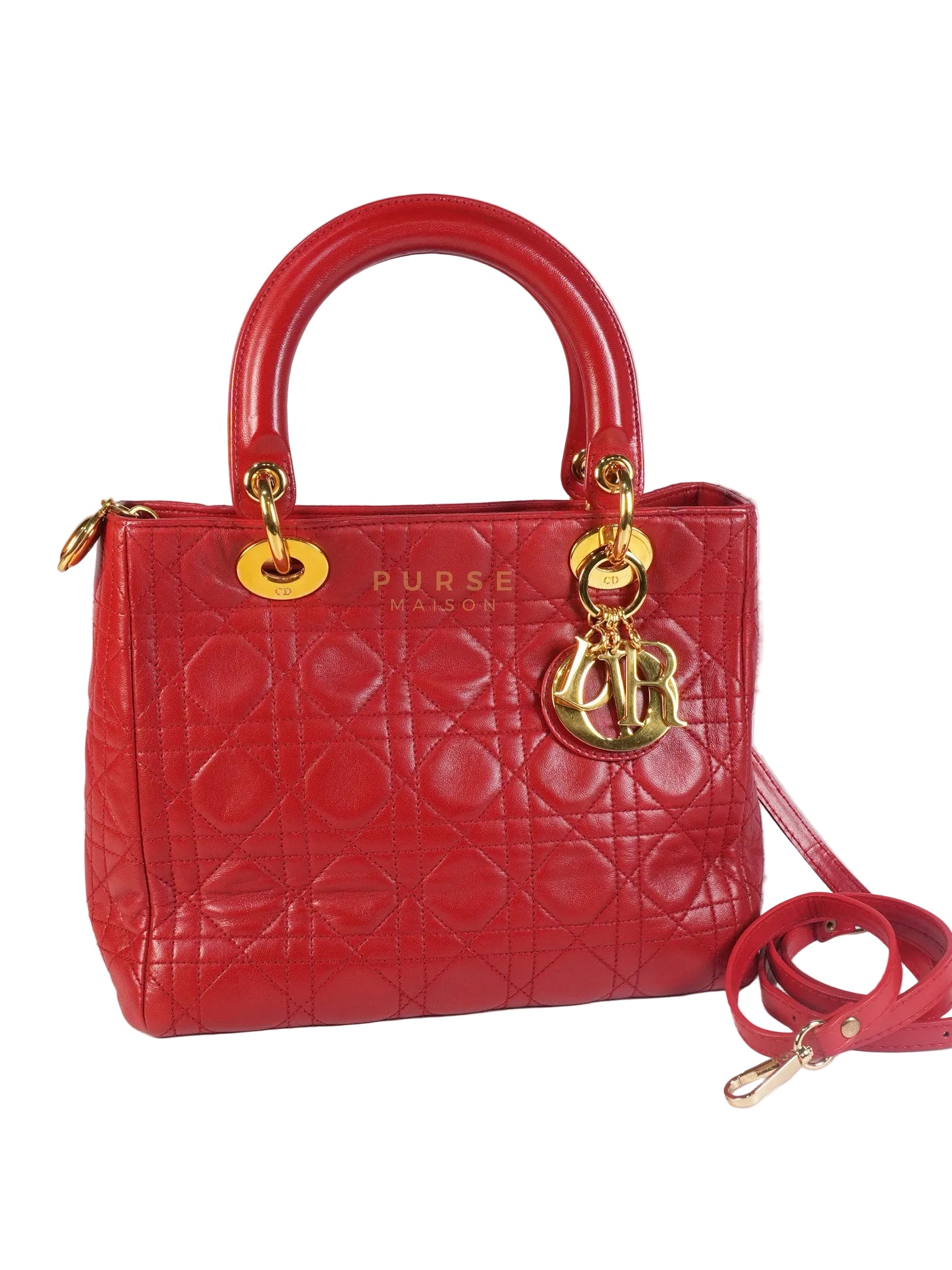 Lady Dior Medium In Red Quilted Lambskin Leather & Gold Hardware | Purse Maison Luxury Bags Shop