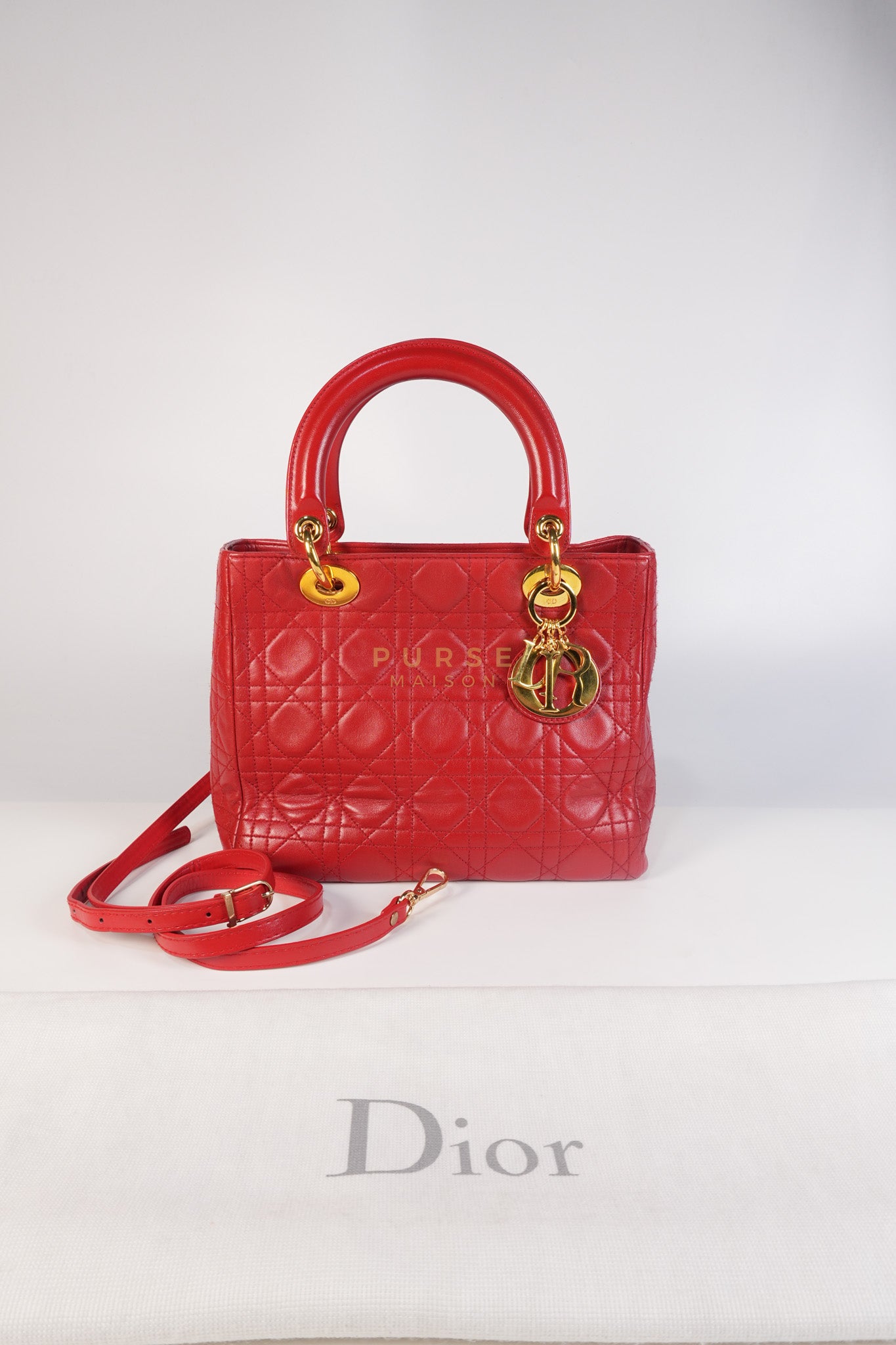 Lady Dior Medium In Red Quilted Lambskin Leather & Gold Hardware | Purse Maison Luxury Bags Shop