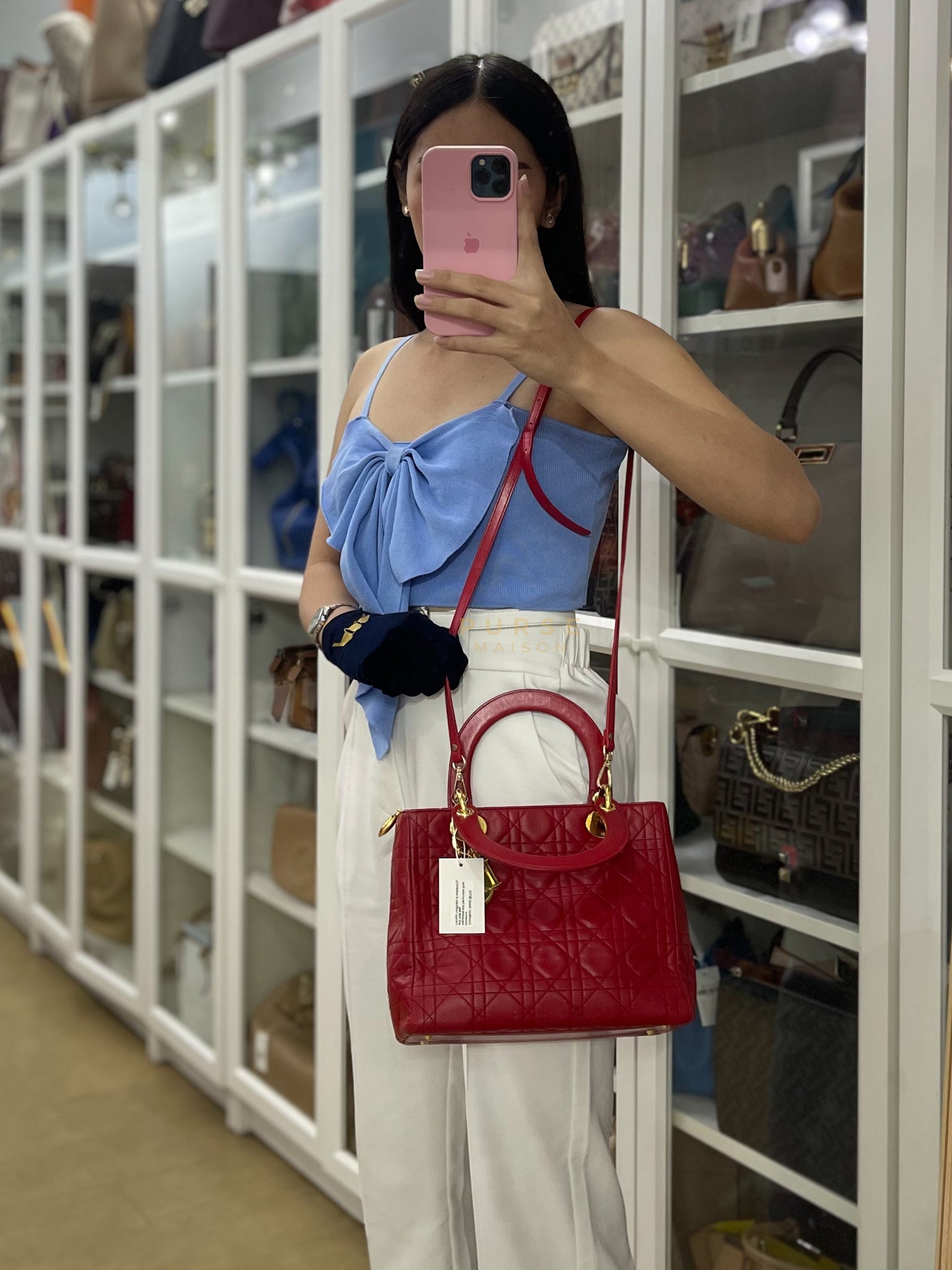 Lady Dior Medium In Red Quilted Lambskin Leather & Gold Hardware | Purse Maison Luxury Bags Shop