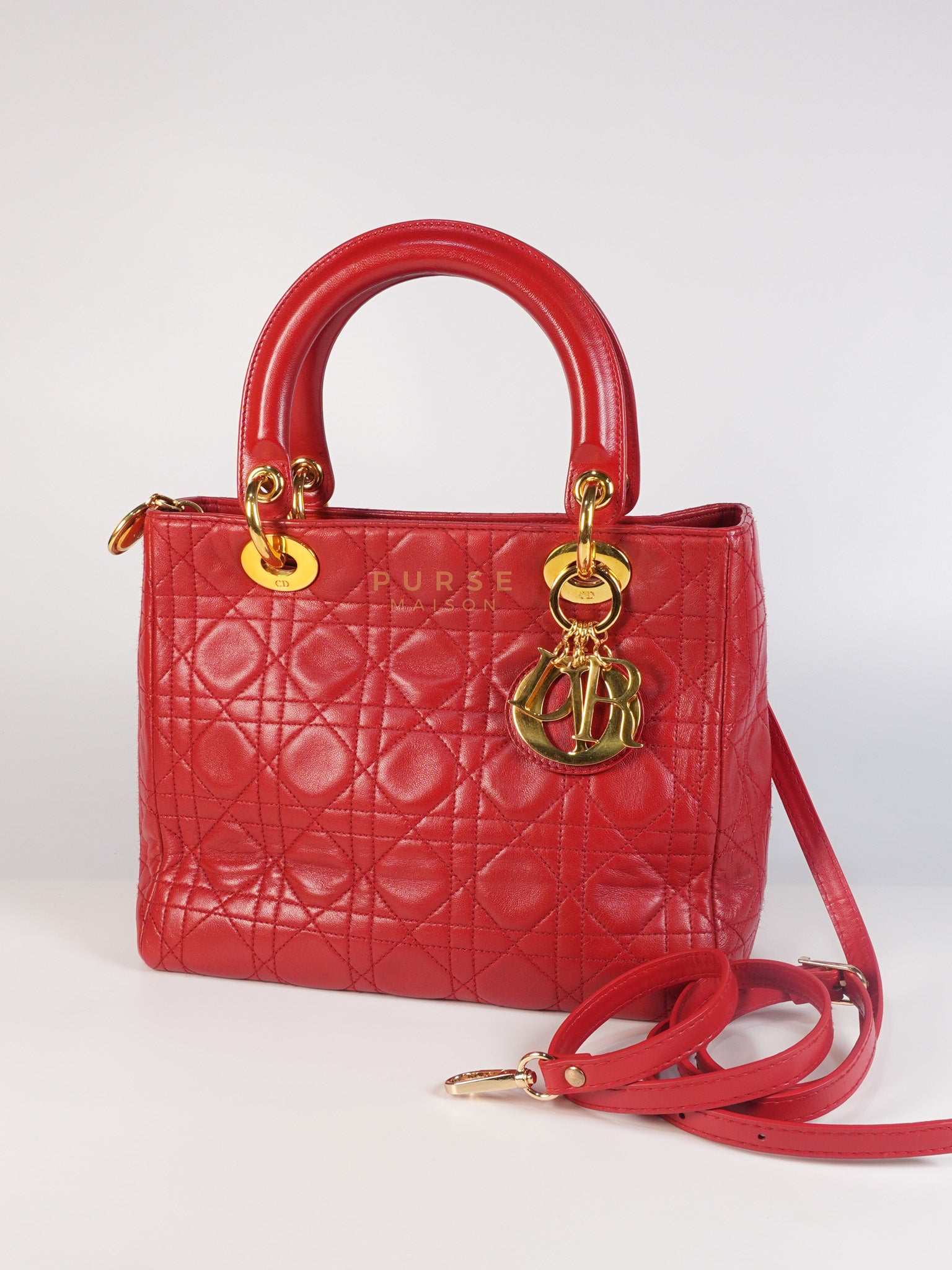 Lady Dior Medium In Red Quilted Lambskin Leather & Gold Hardware | Purse Maison Luxury Bags Shop