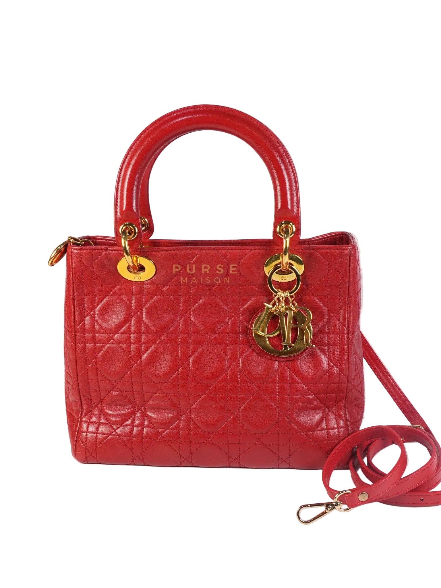 Lady Dior Medium In Red Quilted Lambskin Leather & Gold Hardware | Purse Maison Luxury Bags Shop