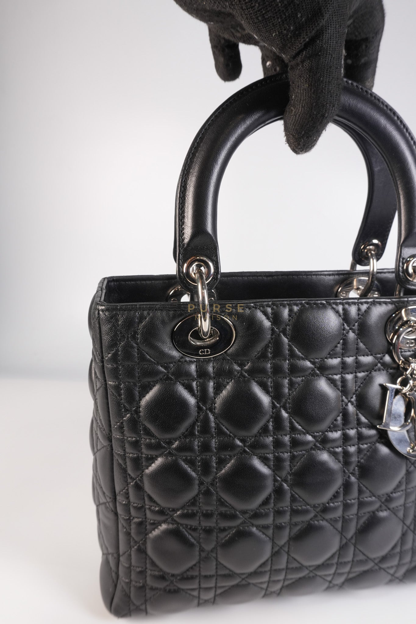 Lady Dior Medium Vintage In Black Cannage Lambskin Leather and Silver Hardware | Purse Maison Luxury Bags Shop