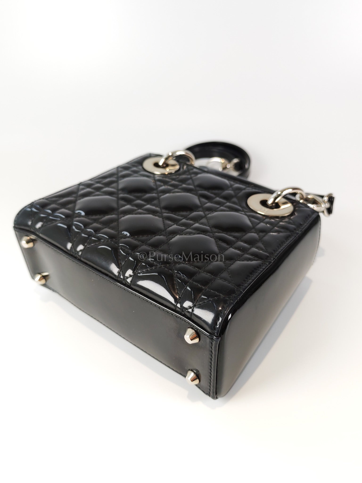 Lady Dior Mini in Black Patent Leather and Silver Hardware | Purse Maison Luxury Bags Shop
