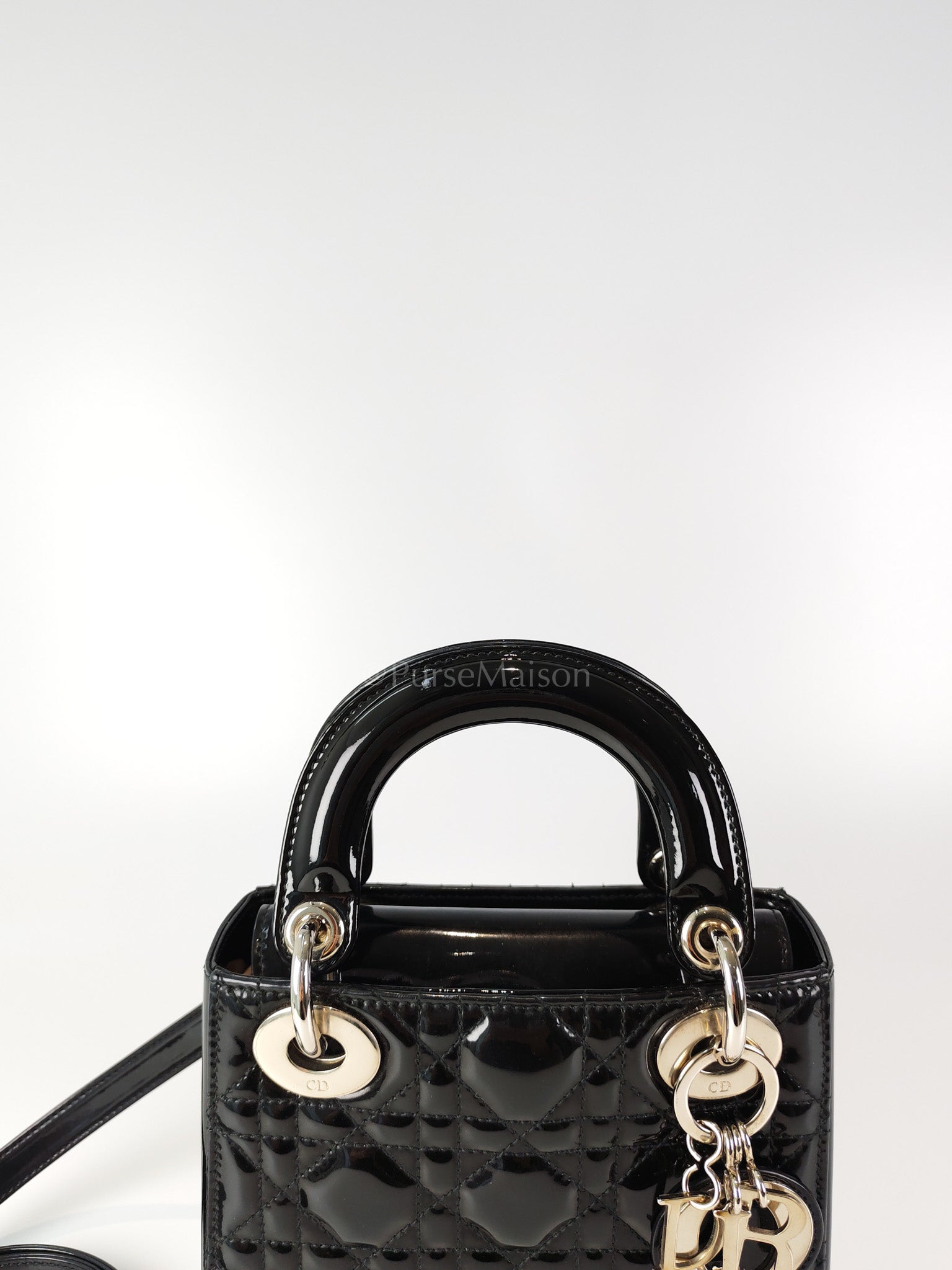 Lady Dior Mini in Black Patent Leather and Silver Hardware | Purse Maison Luxury Bags Shop