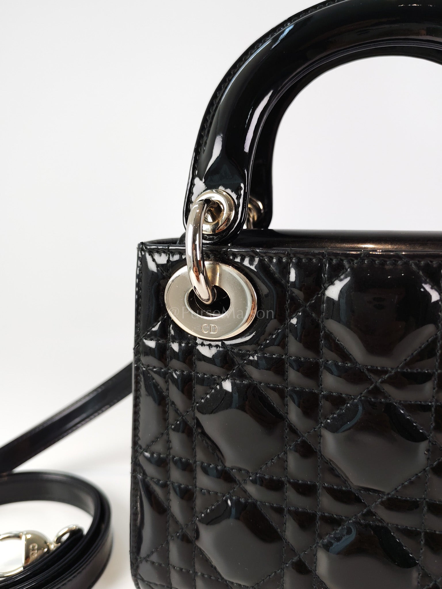 Lady Dior Mini in Black Patent Leather and Silver Hardware | Purse Maison Luxury Bags Shop