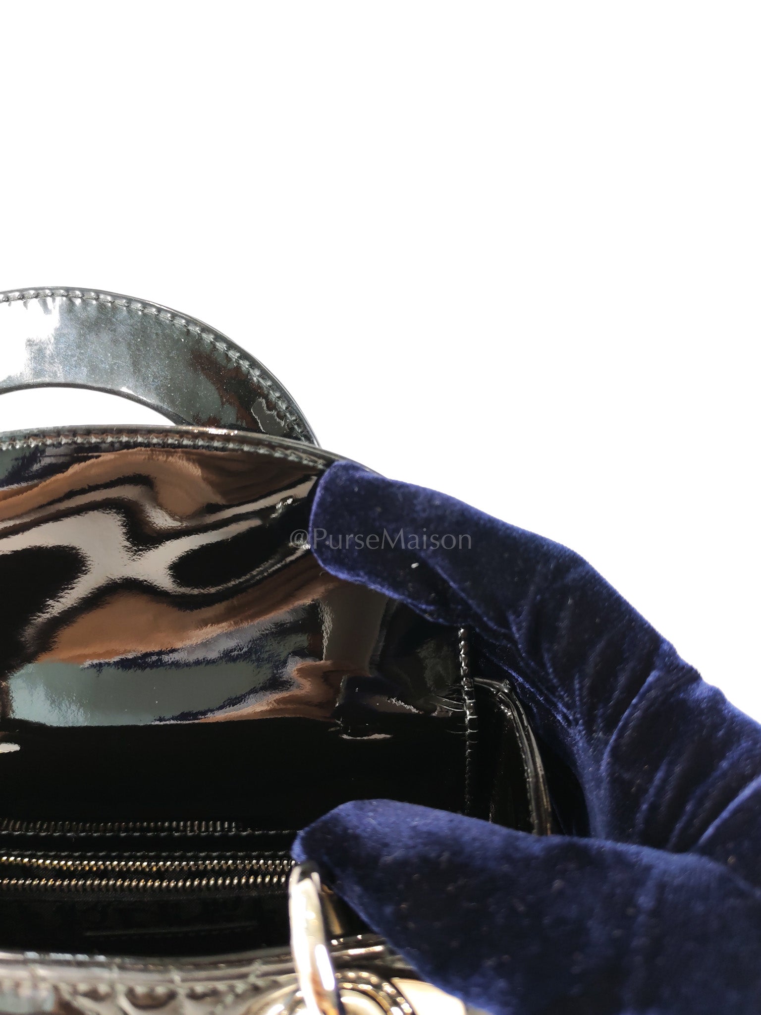 Lady Dior Mini in Black Patent Leather and Silver Hardware | Purse Maison Luxury Bags Shop