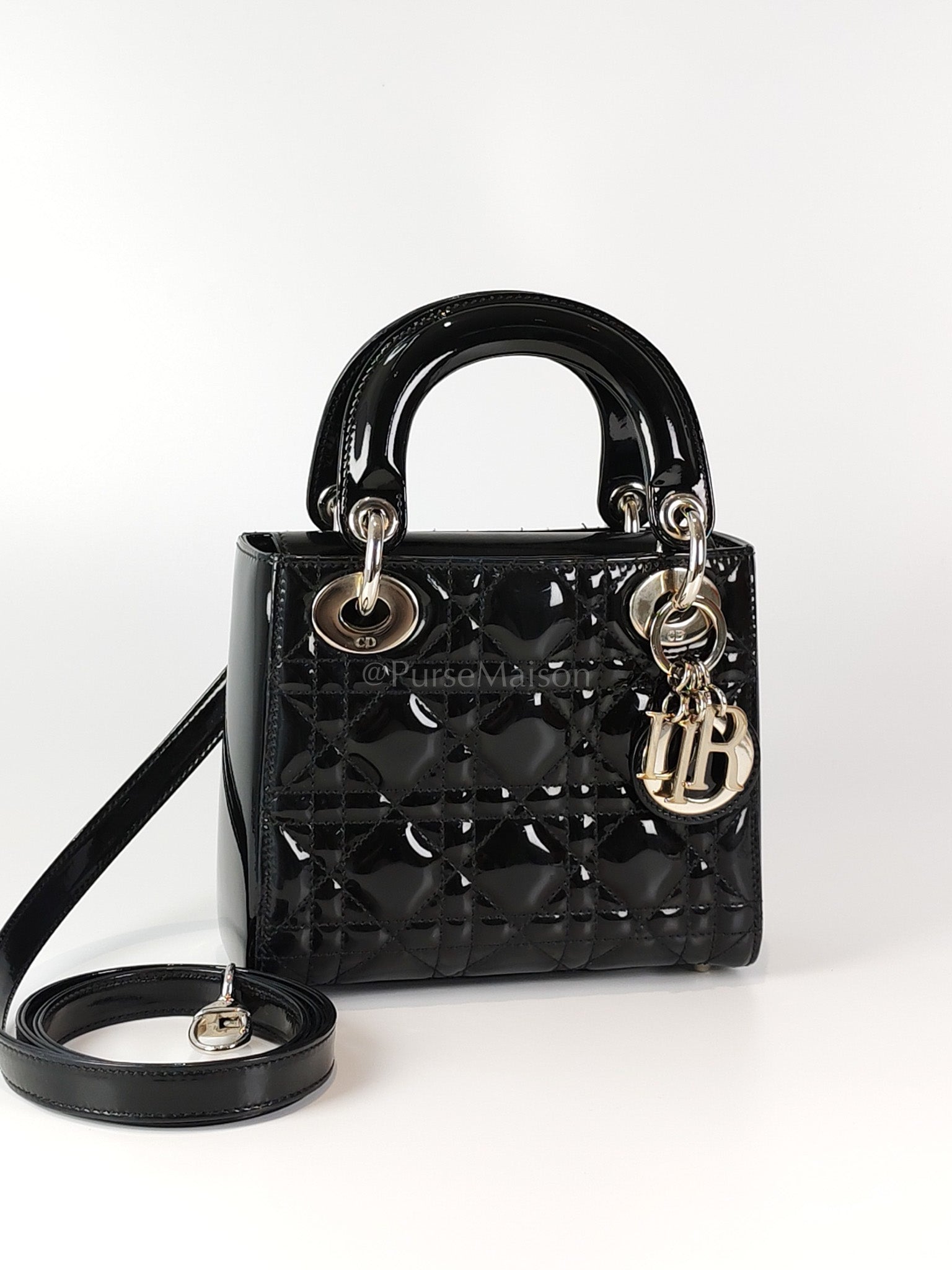 Lady Dior Mini in Black Patent Leather and Silver Hardware | Purse Maison Luxury Bags Shop