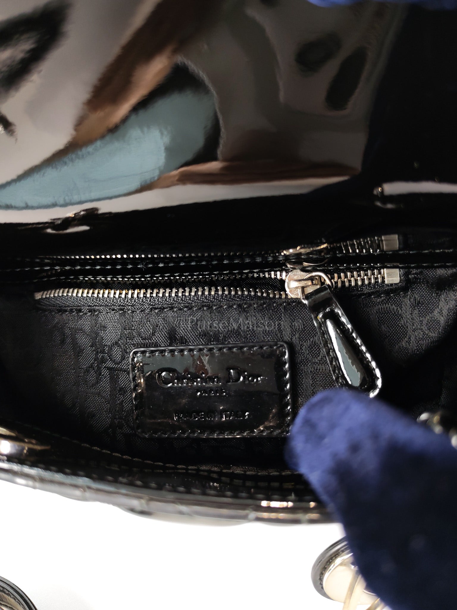 Lady Dior Mini in Black Patent Leather and Silver Hardware | Purse Maison Luxury Bags Shop