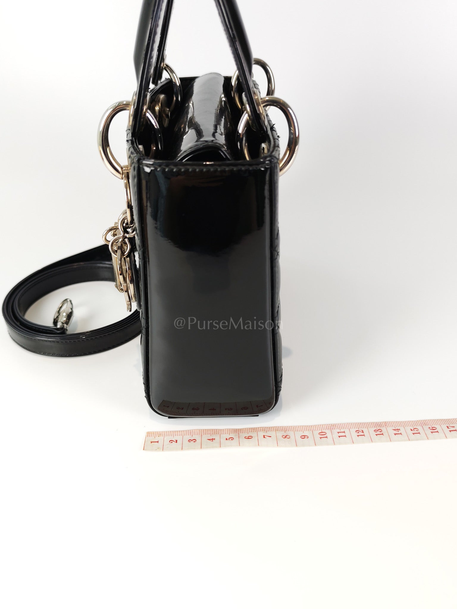 Lady Dior Mini in Black Patent Leather and Silver Hardware | Purse Maison Luxury Bags Shop