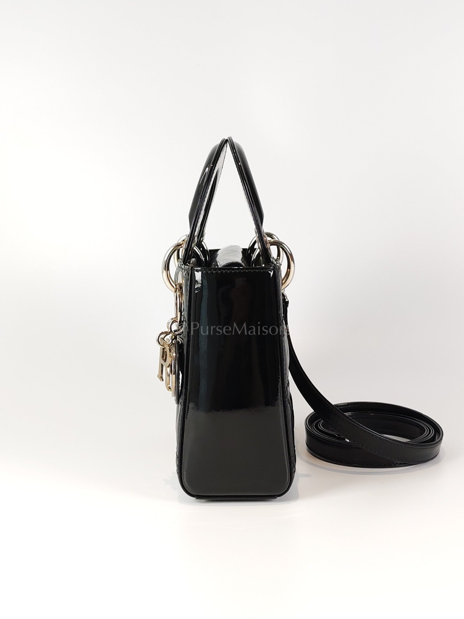 Lady Dior Mini in Black Patent Leather and Silver Hardware | Purse Maison Luxury Bags Shop