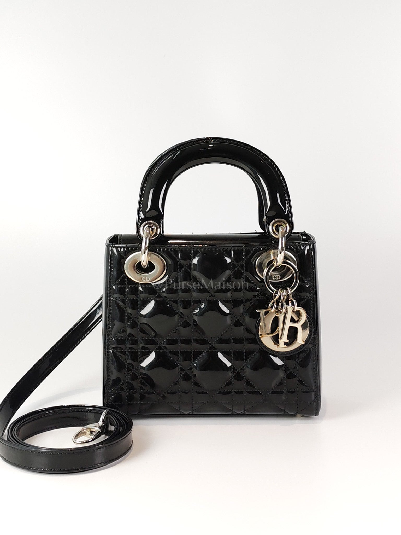 Lady Dior Mini in Black Patent Leather and Silver Hardware | Purse Maison Luxury Bags Shop