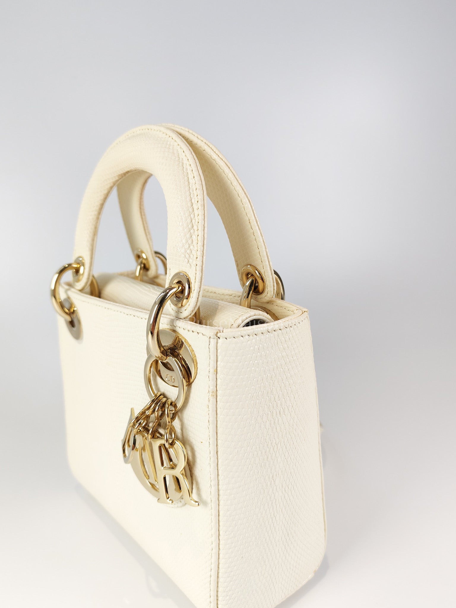 Lady Dior Mini in White Lizzard Leather & Light Gold Hardware | Purse Maison Luxury Bags Shop