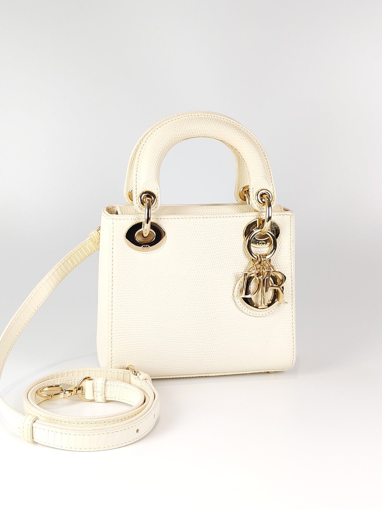 Lady Dior Mini in White Lizzard Leather & Light Gold Hardware | Purse Maison Luxury Bags Shop