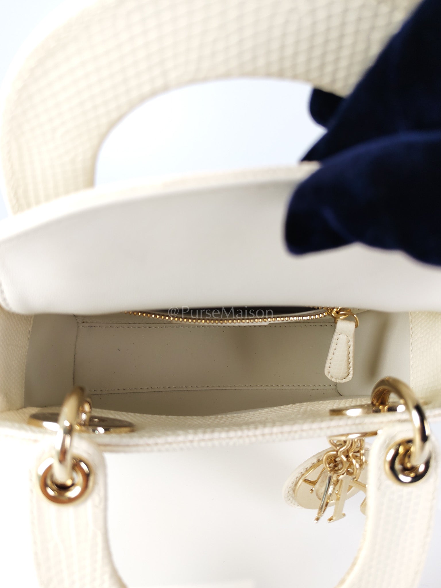 Lady Dior Mini in White Lizzard Leather & Light Gold Hardware | Purse Maison Luxury Bags Shop